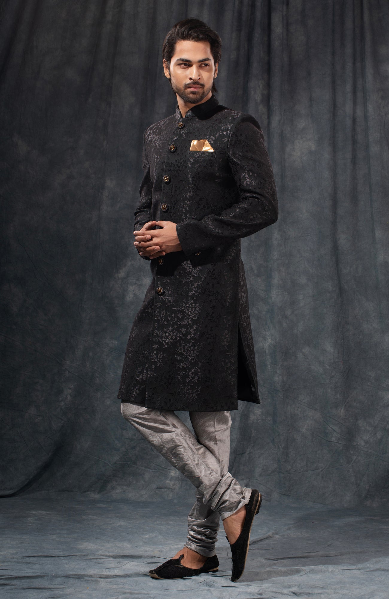 HAMSAFAR Men’s Black Net poly Viscose  Sherwani