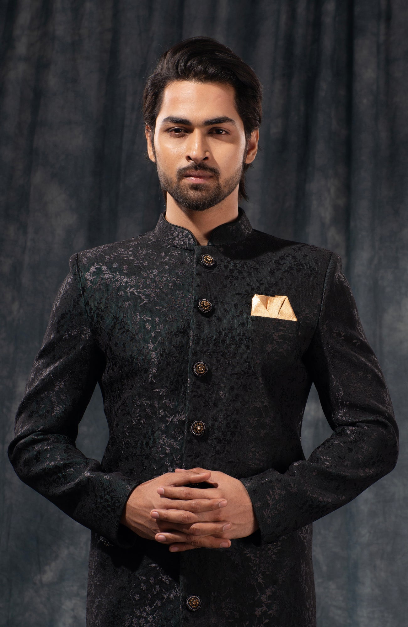 HAMSAFAR Men’s Black Net poly Viscose  Sherwani