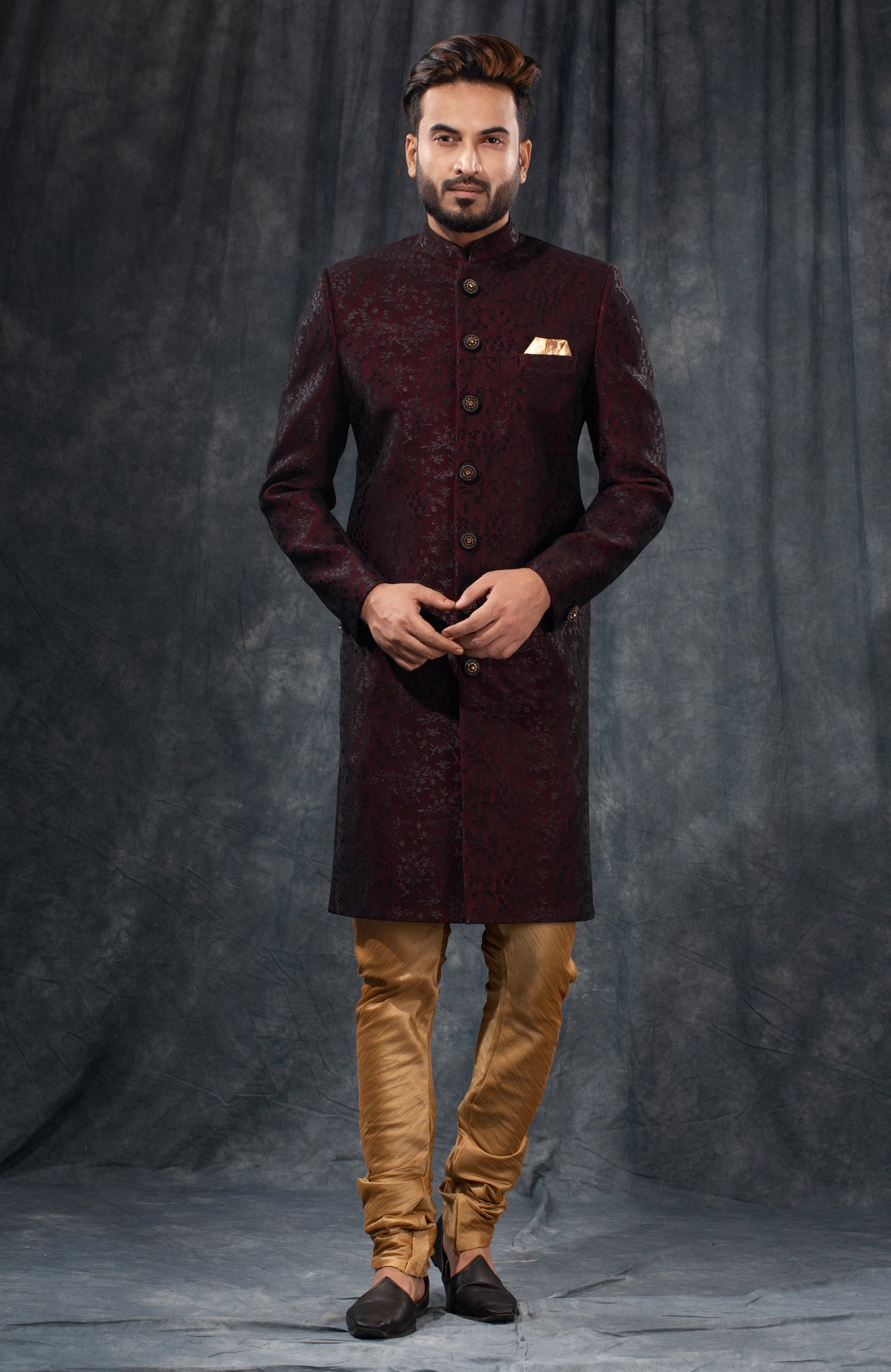HAMSAFAR Men’s Blackish Mehrun Net Poly Viscose Sherwani