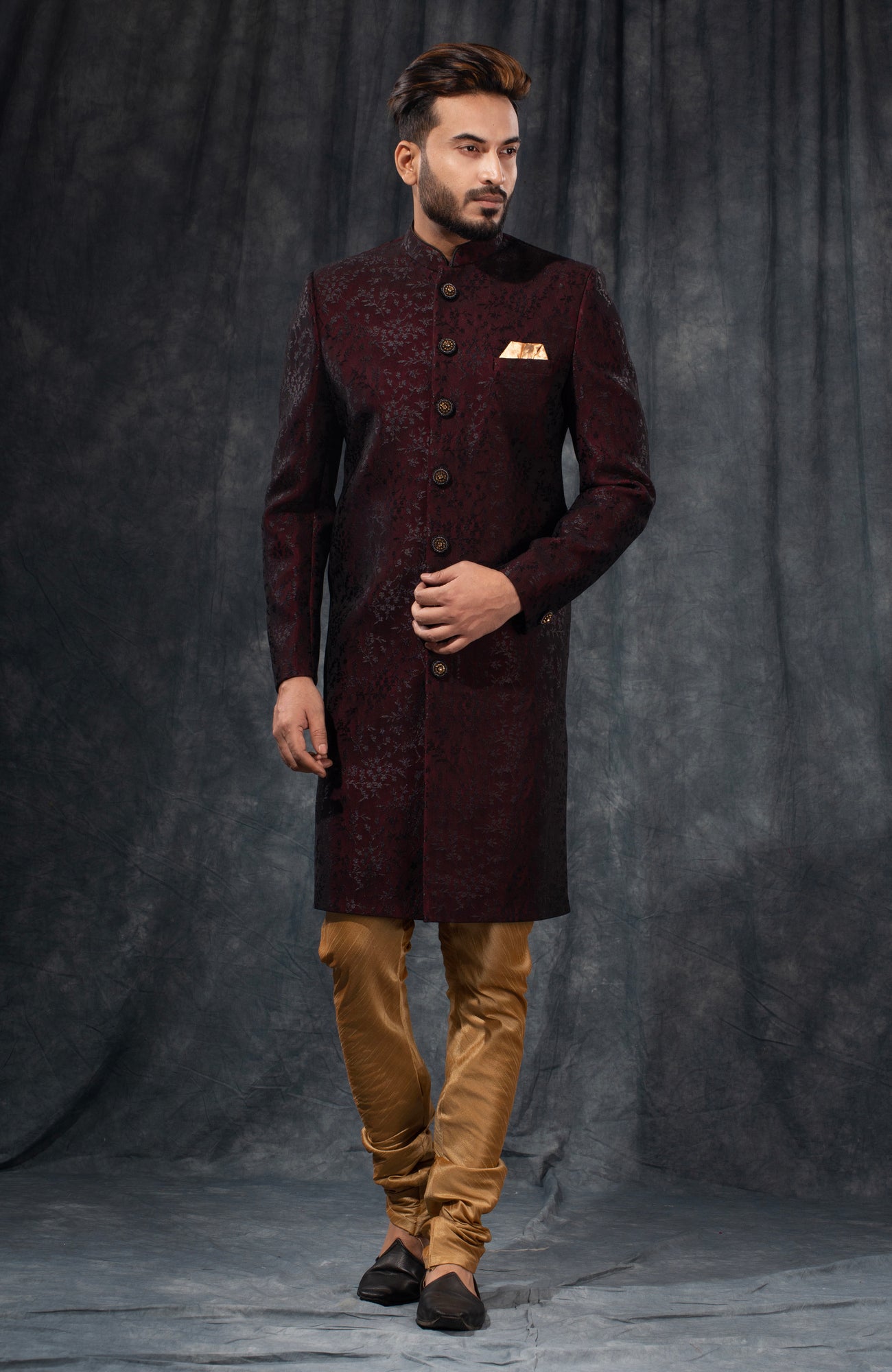 HAMSAFAR Men’s Blackish Mehrun Net Poly Viscose Sherwani