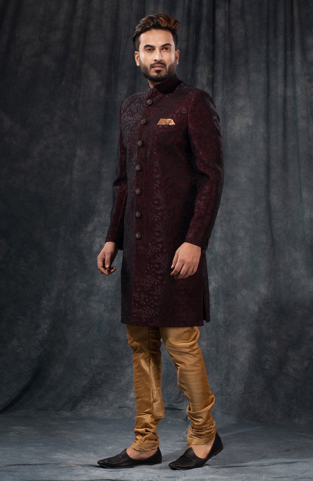 HAMSAFAR Men’s Blackish Mehrun Net Poly Viscose Sherwani