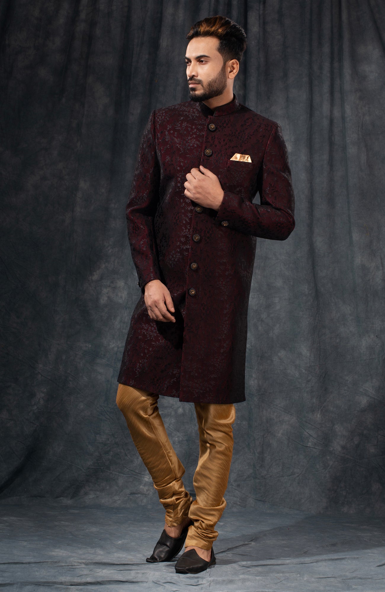 HAMSAFAR Men’s Blackish Mehrun Net Poly Viscose Sherwani