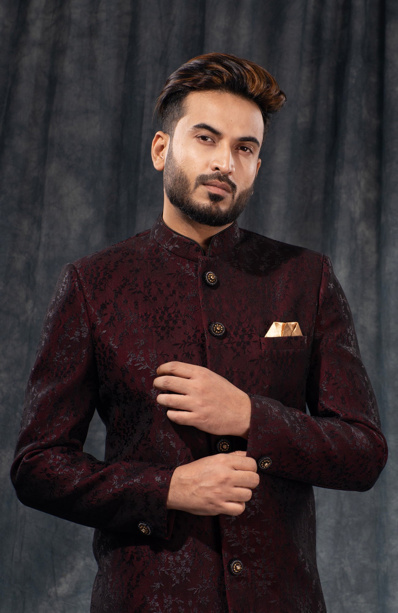 HAMSAFAR Men’s Blackish Mehrun Net Poly Viscose Sherwani