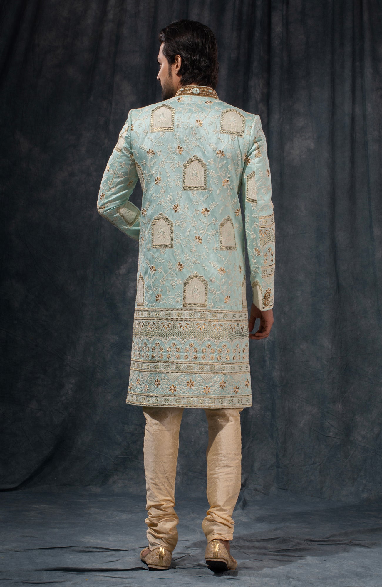 HAMSAFAR Men’s Light Blue Poly Dupion Printed Sherwani