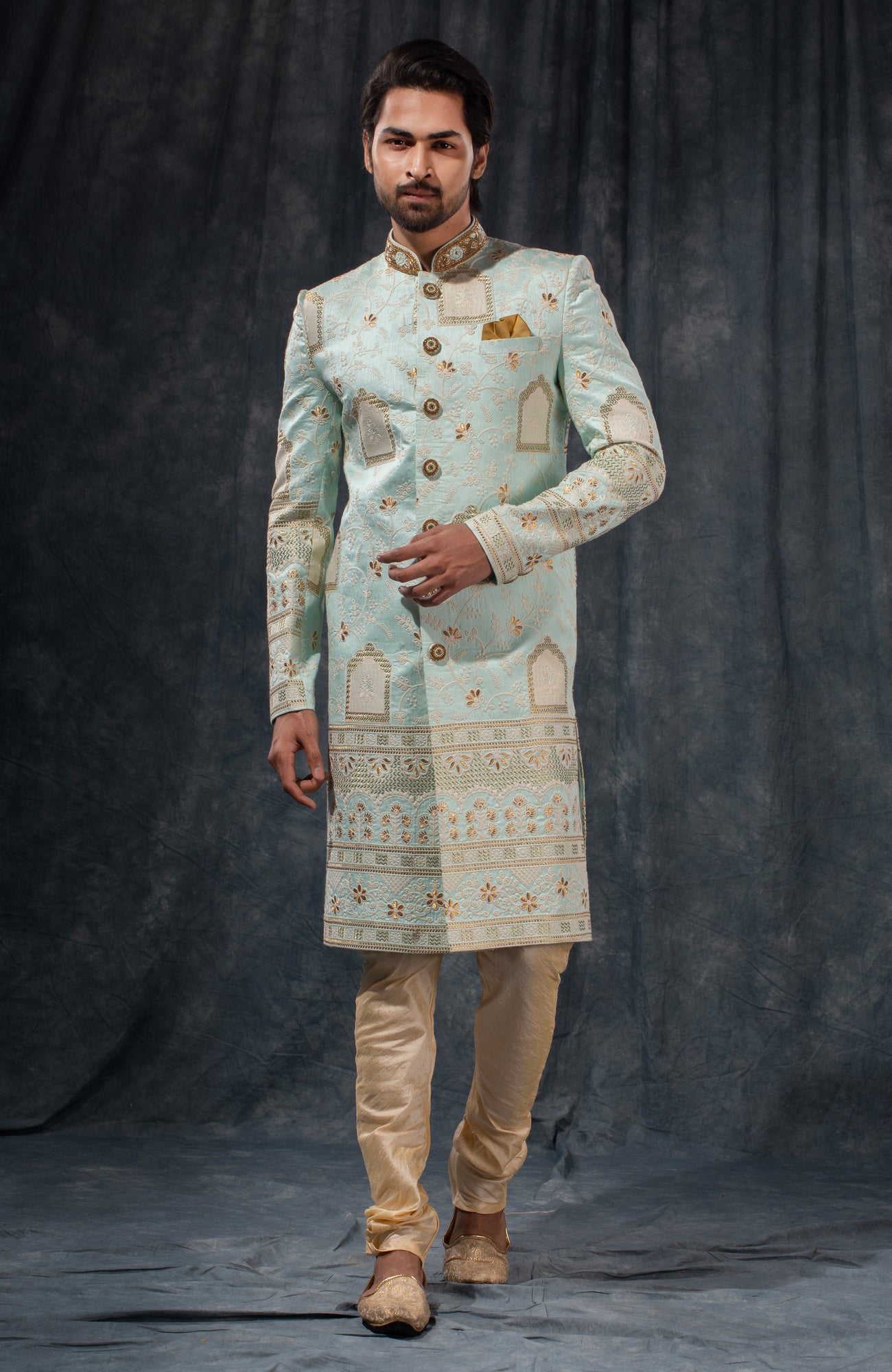 HAMSAFAR Men’s Light Blue Poly Dupion Printed Sherwani