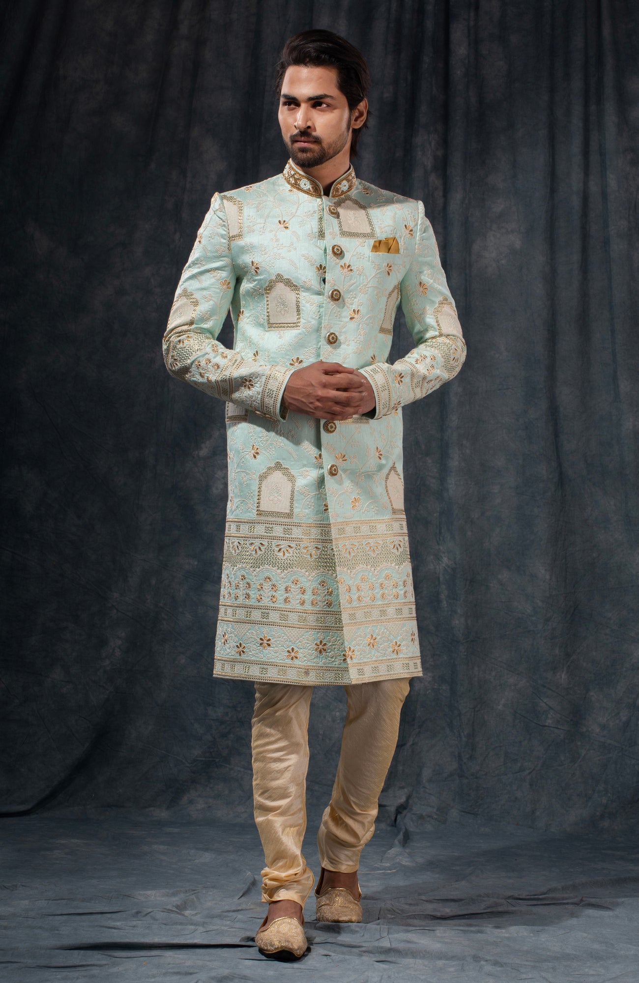 HAMSAFAR Men’s Light Blue Poly Dupion Printed Sherwani