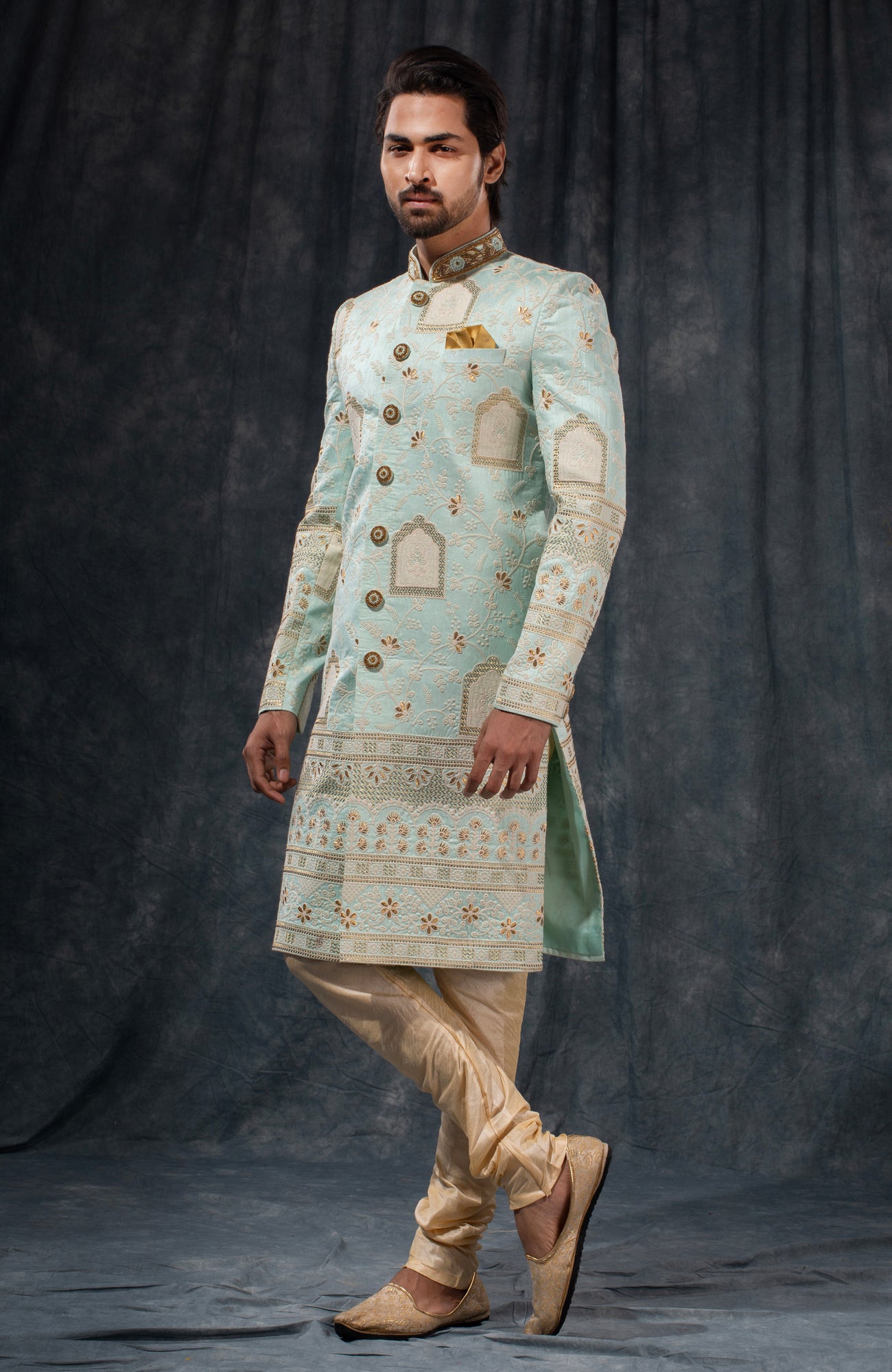 HAMSAFAR Men’s Light Blue Poly Dupion Printed Sherwani