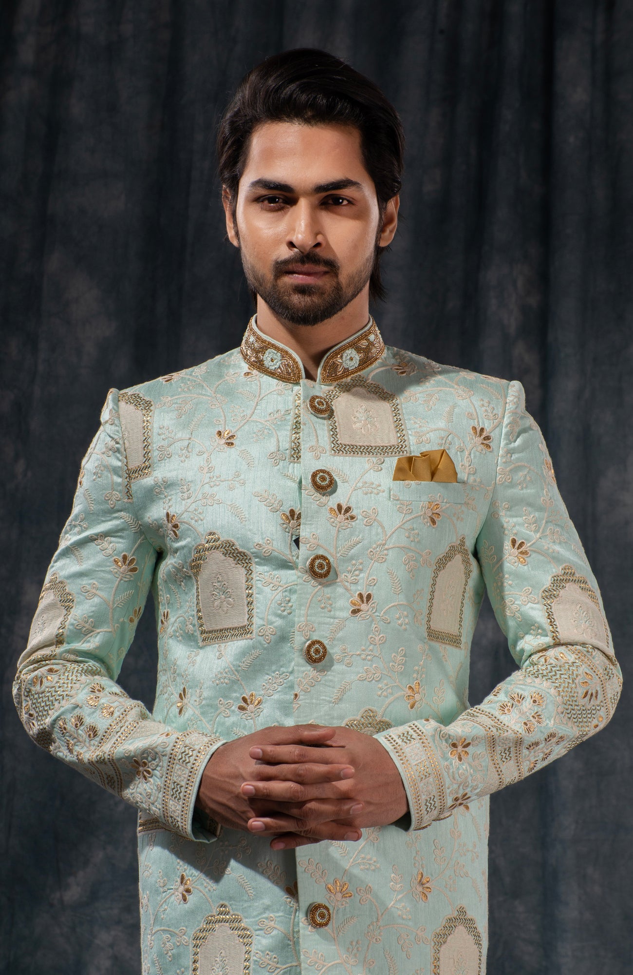 HAMSAFAR Men’s Light Blue Poly Dupion Printed Sherwani
