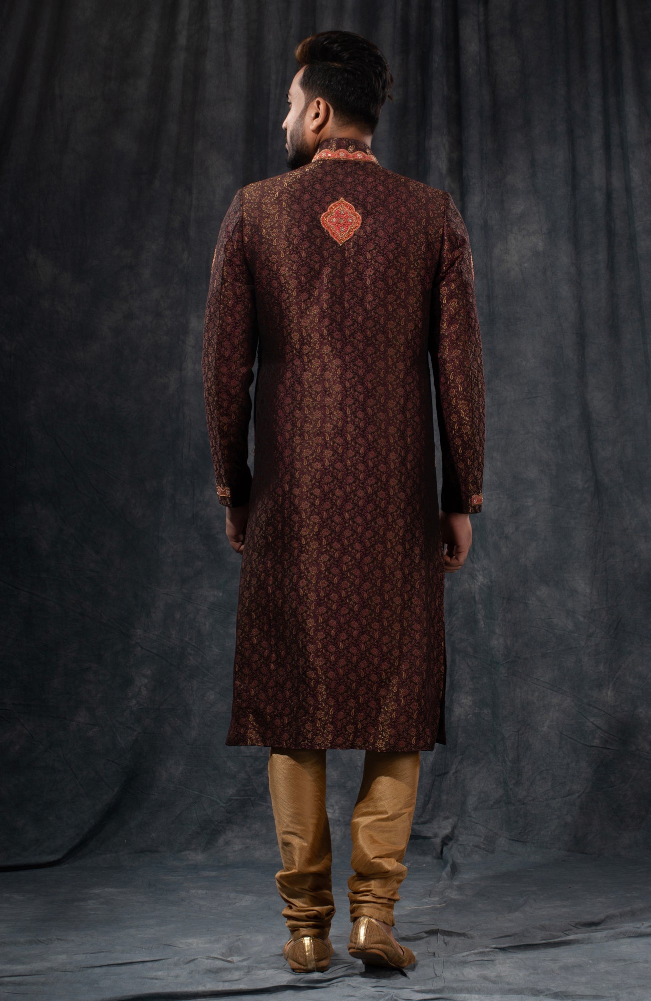 HAMSAFAR Men’s Dark Brown Poly Dupion Jacquard Printed Sherwani