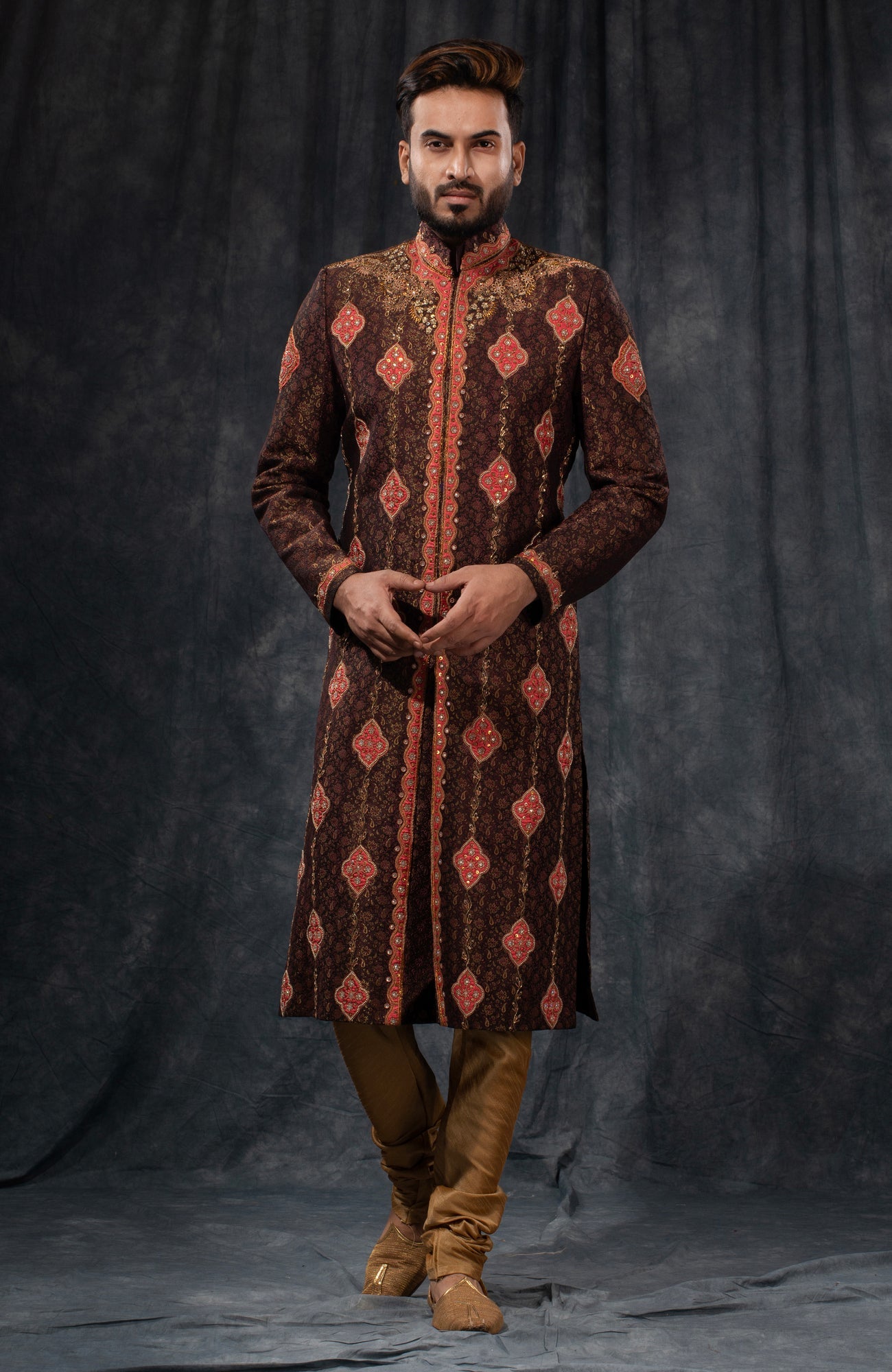 HAMSAFAR Men’s Dark Brown Poly Dupion Jacquard Printed Sherwani