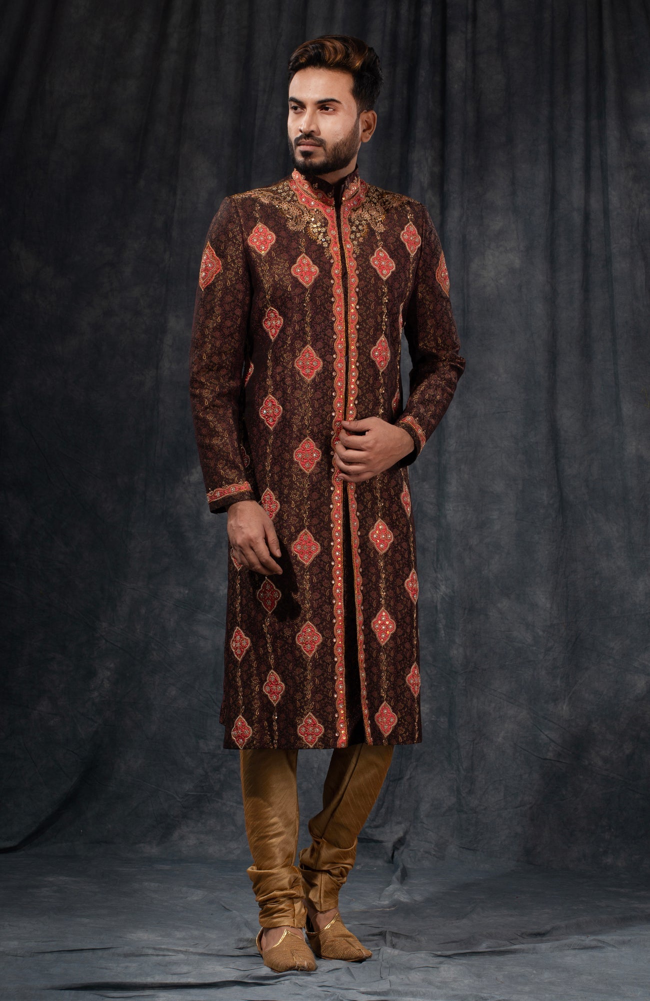 HAMSAFAR Men’s Dark Brown Poly Dupion Jacquard Printed Sherwani
