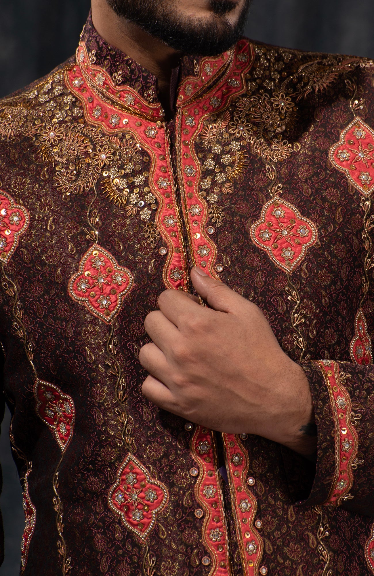 HAMSAFAR Men’s Dark Brown Poly Dupion Jacquard Printed Sherwani