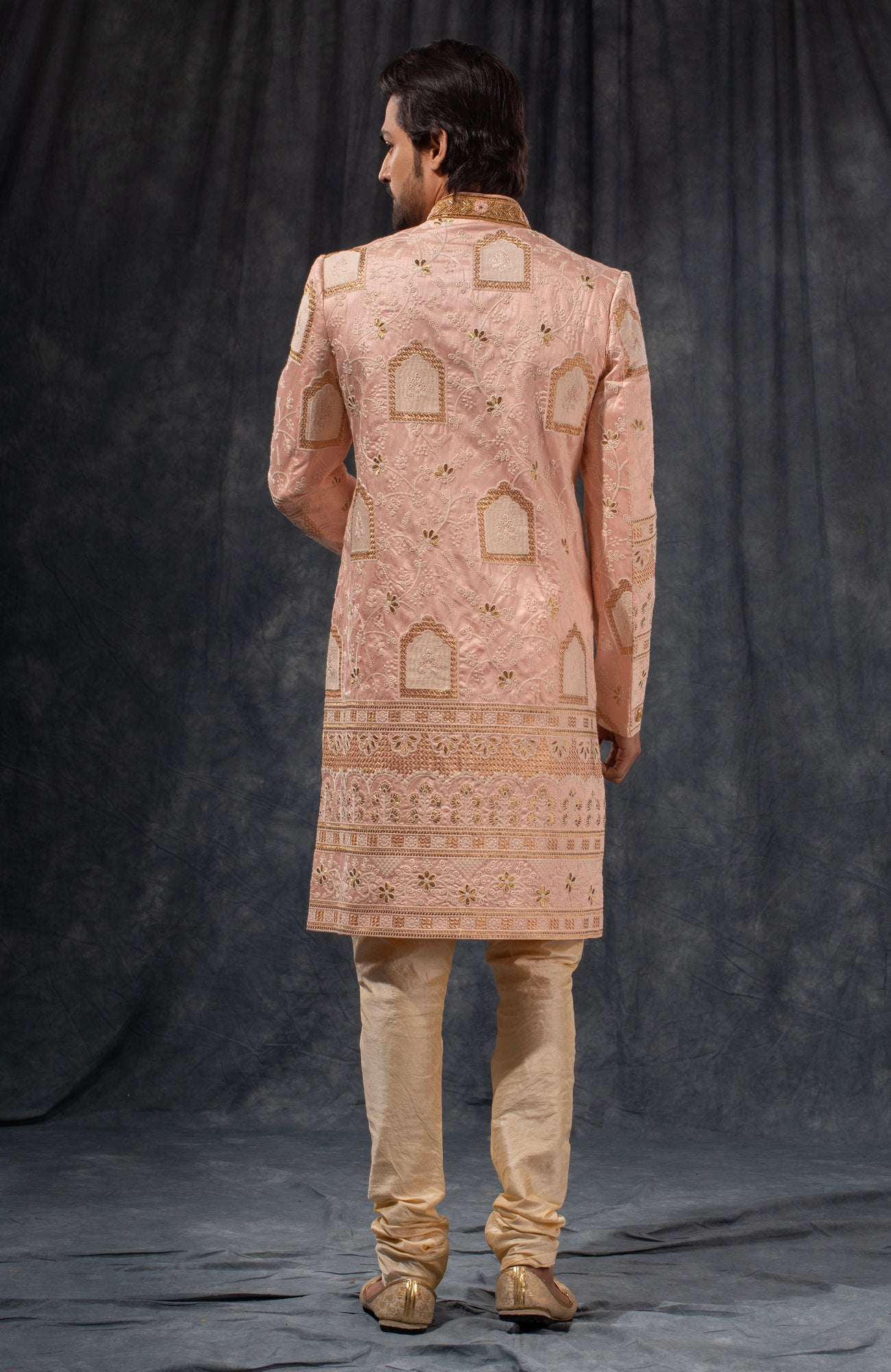 HAMSAFAR Men’s Baby Pink Poly Dupion Sherwani