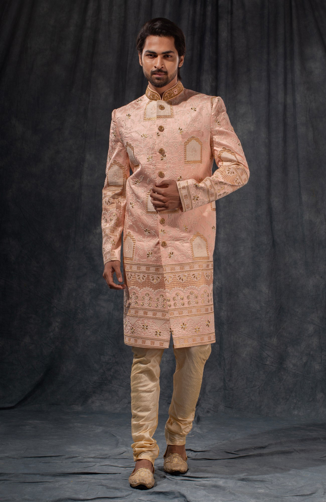HAMSAFAR Men’s Baby Pink Poly Dupion Sherwani