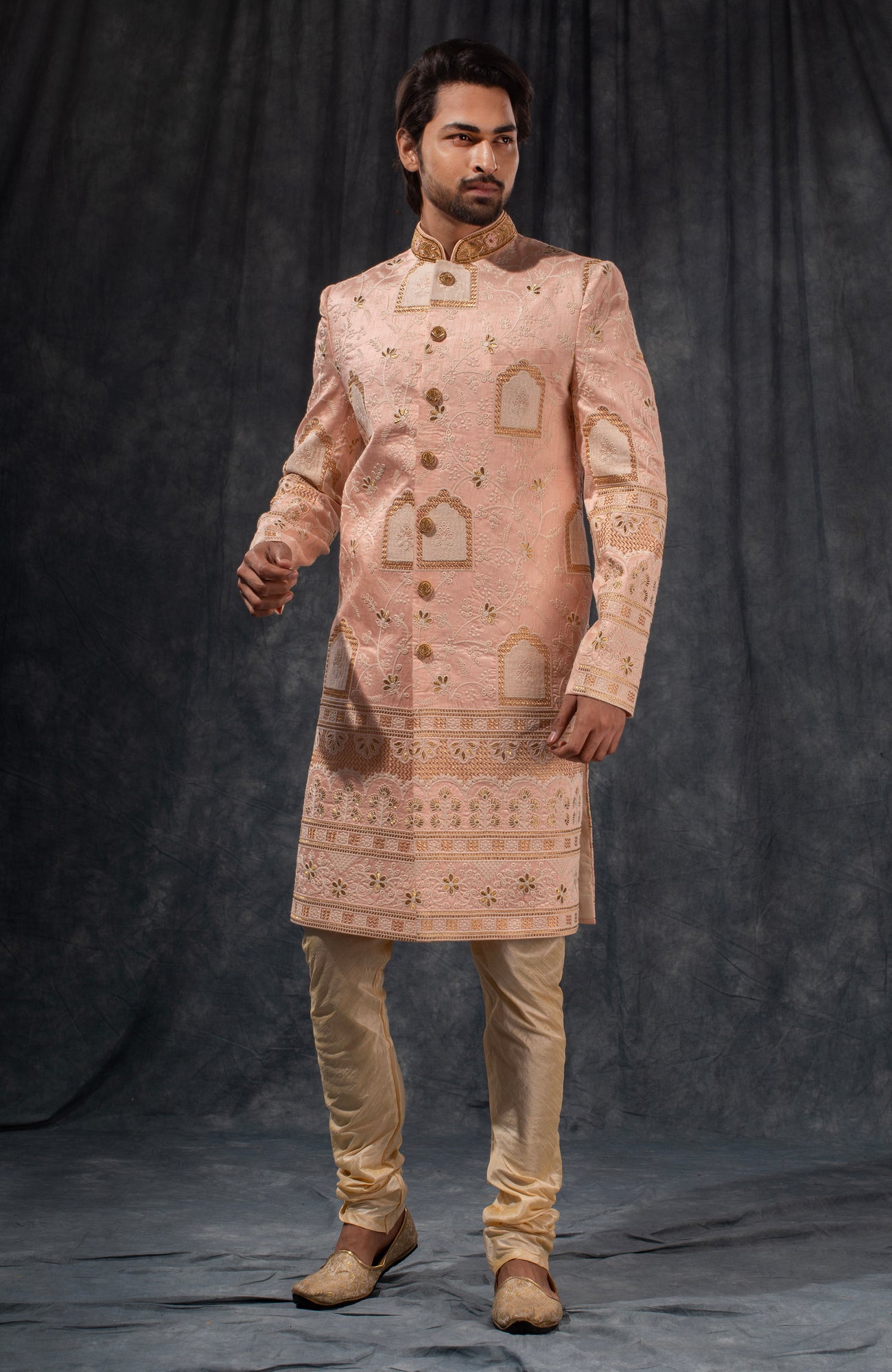 HAMSAFAR Men’s Baby Pink Poly Dupion Sherwani
