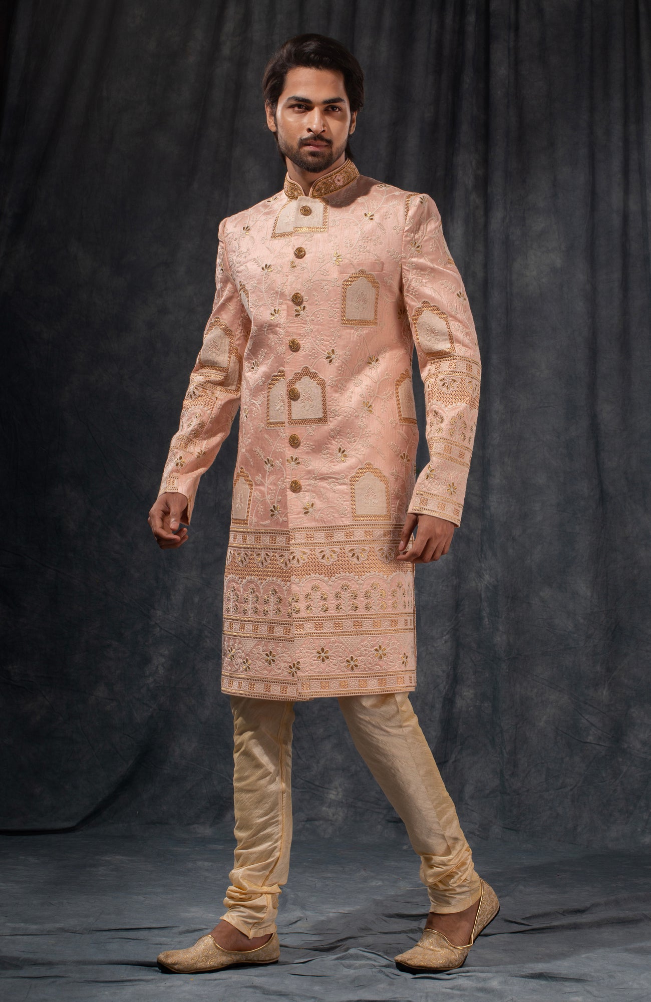 HAMSAFAR Men’s Baby Pink Poly Dupion Sherwani