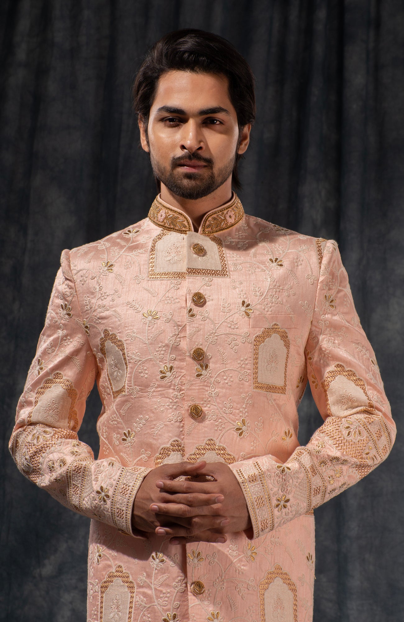 HAMSAFAR Men’s Baby Pink Poly Dupion Sherwani