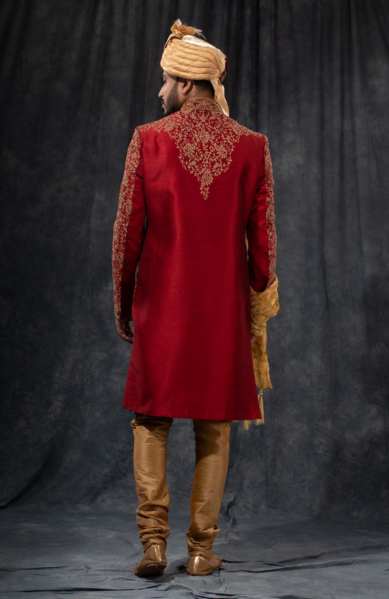 HAMSAFAR Men’s Maroon Golden Poly Dupion Sherwani