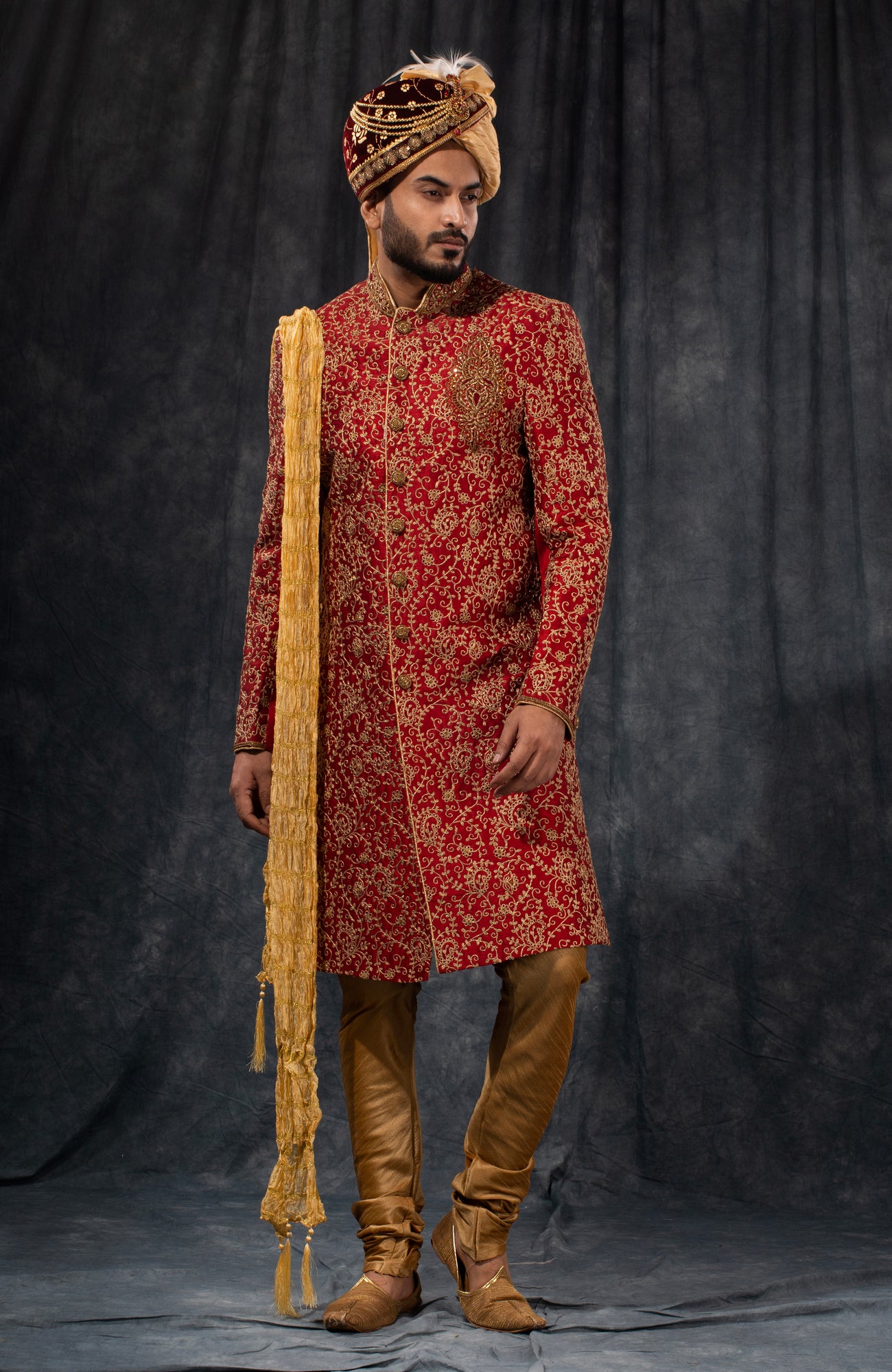 HAMSAFAR Men’s Maroon Golden Poly Dupion Sherwani