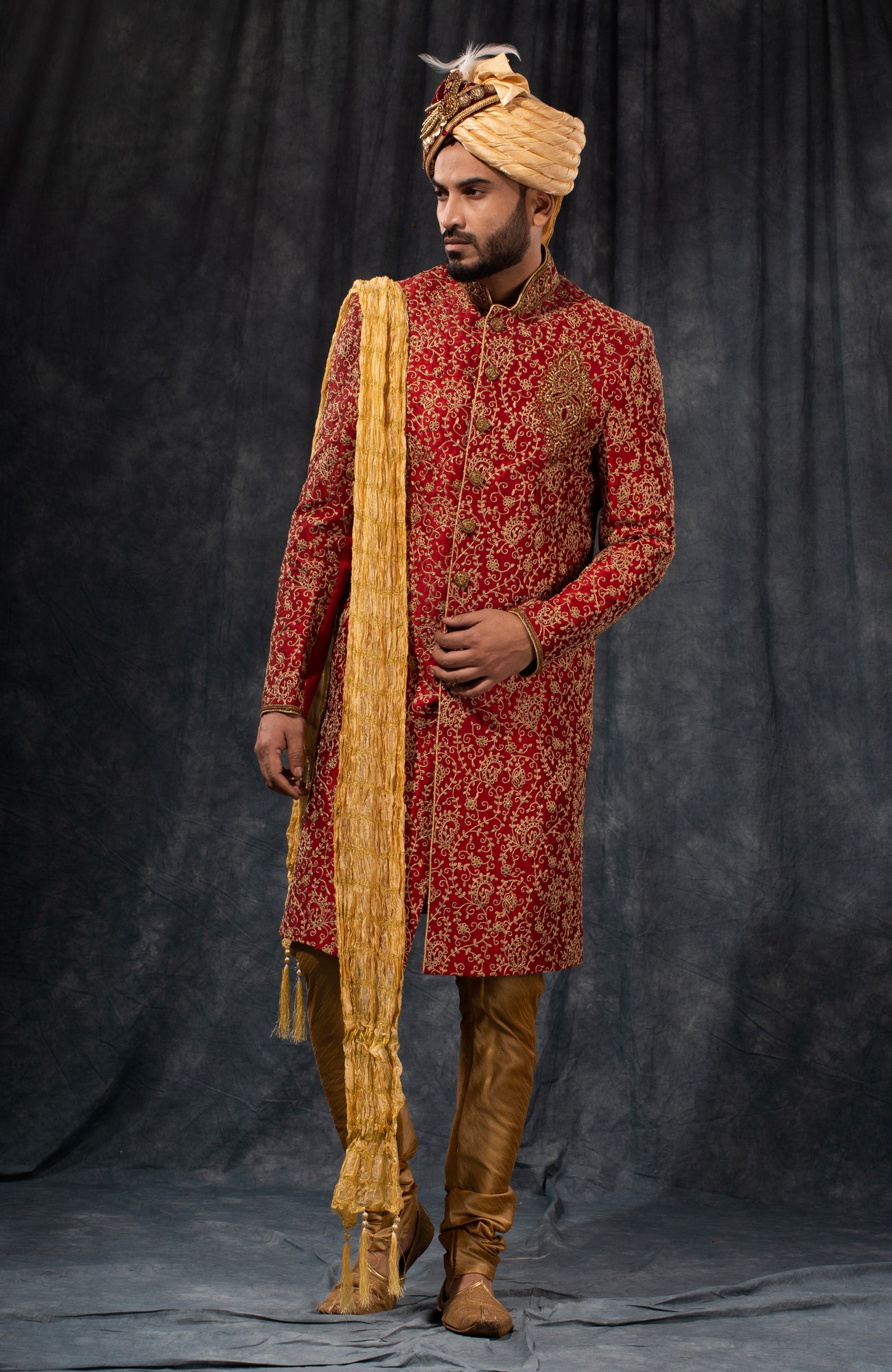 HAMSAFAR Men’s Maroon Golden Poly Dupion Sherwani