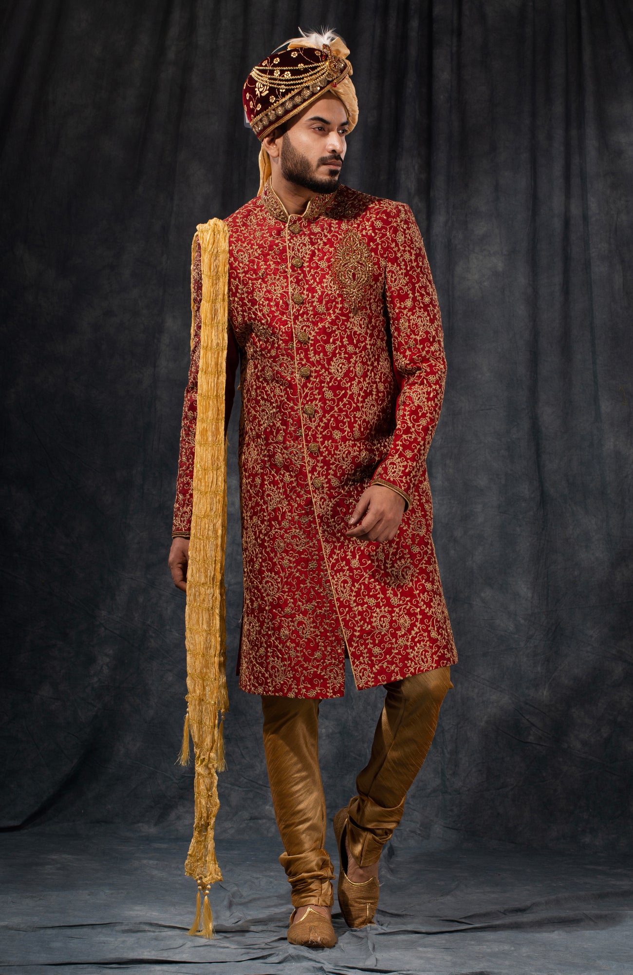 HAMSAFAR Men’s Maroon Golden Poly Dupion Sherwani