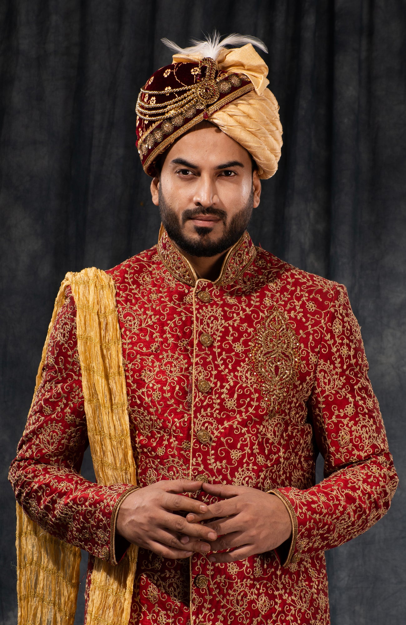 HAMSAFAR Men’s Maroon Golden Poly Dupion Sherwani