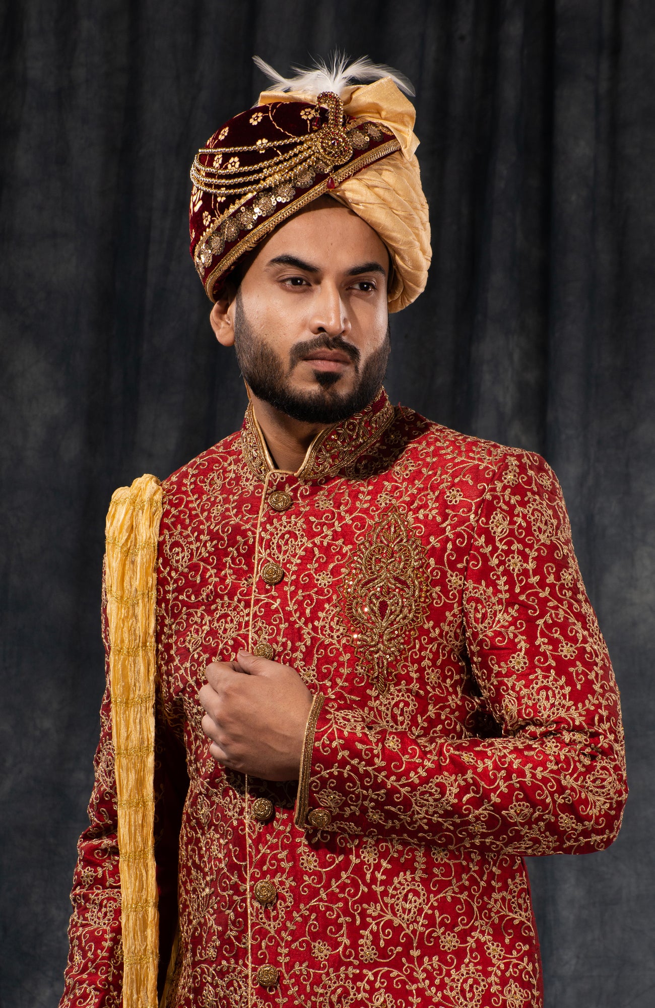 HAMSAFAR Men’s Maroon Golden Poly Dupion Sherwani