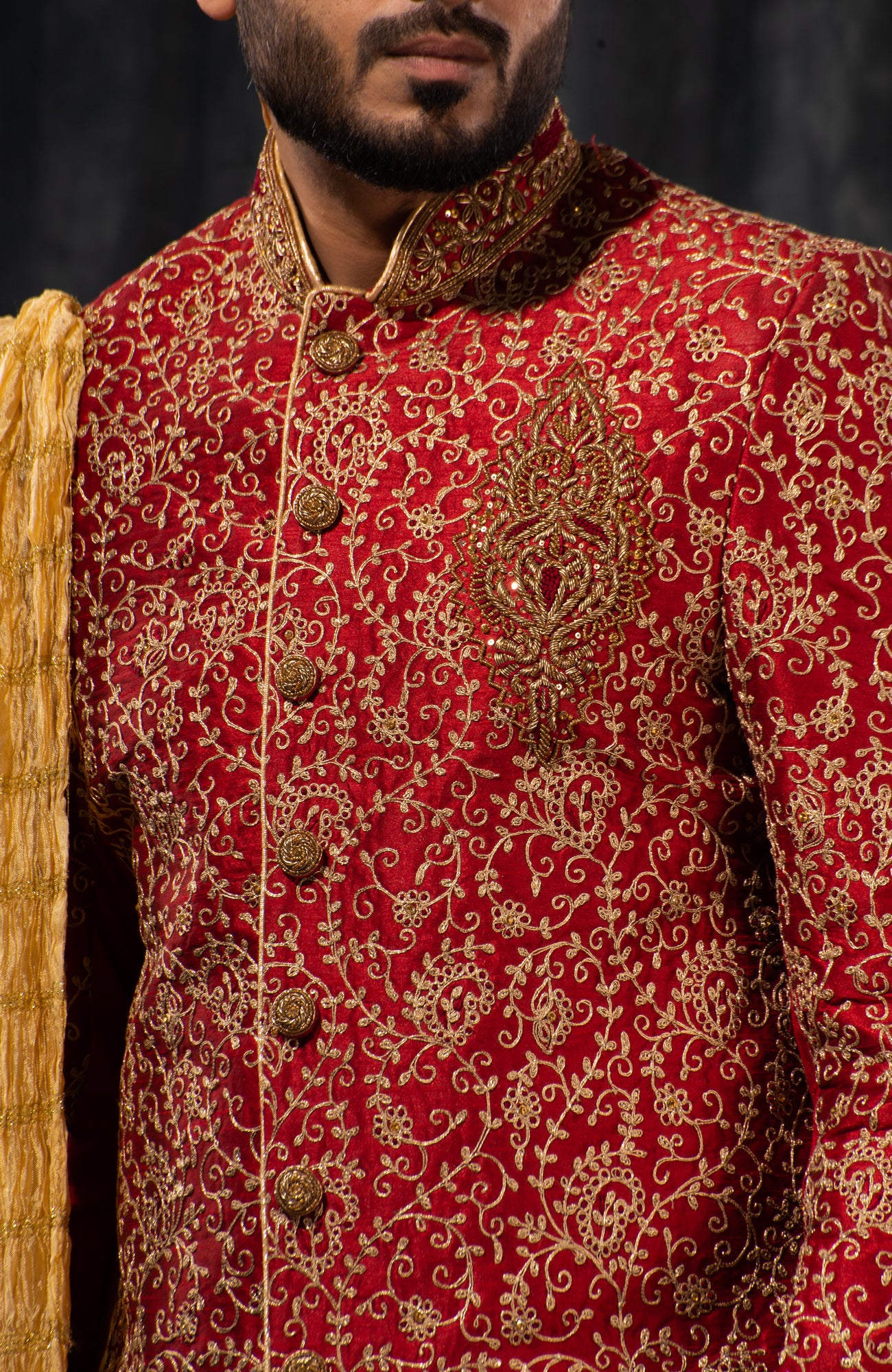 HAMSAFAR Men’s Maroon Golden Poly Dupion Sherwani