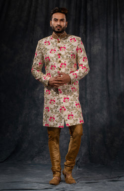 HAMSAFAR Men’s Off White Poly Dupion Printed Sherwani