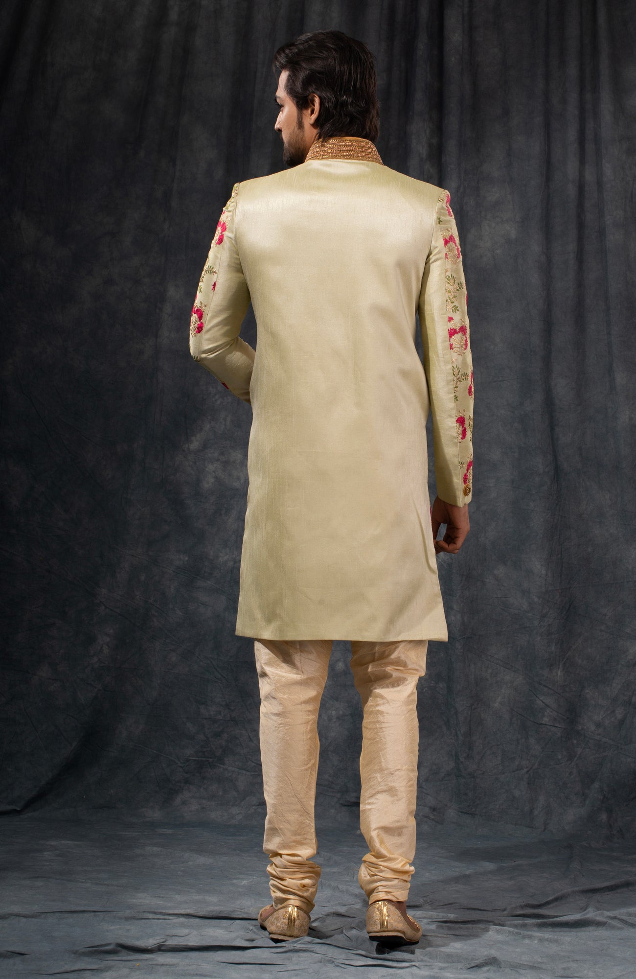 HAMSAFAR Men’s Peach Poly Dupion Printed Sherwani