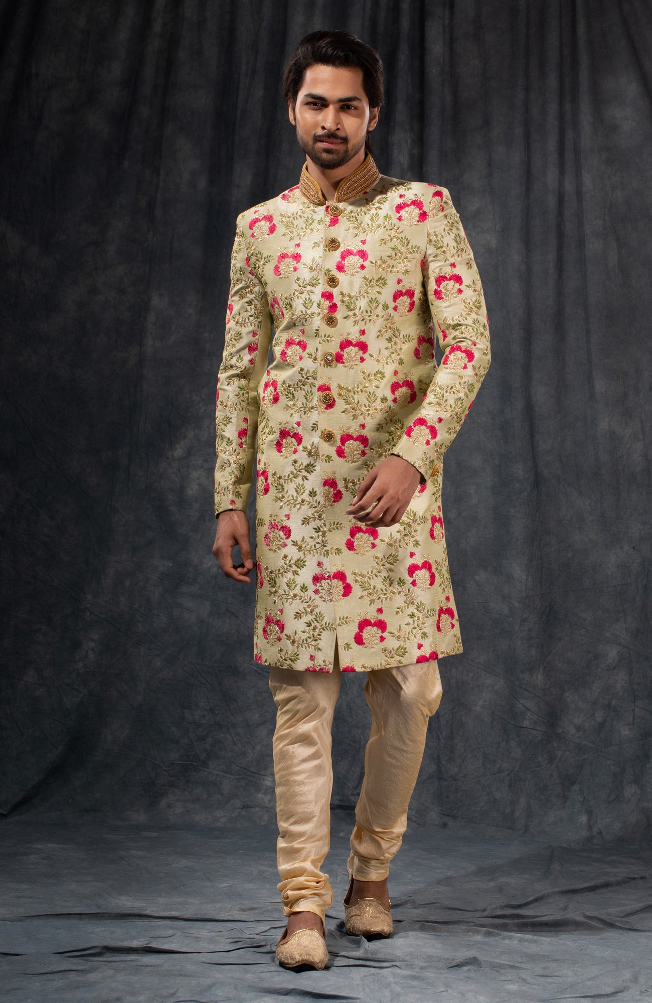 HAMSAFAR Men’s Peach Poly Dupion Printed Sherwani