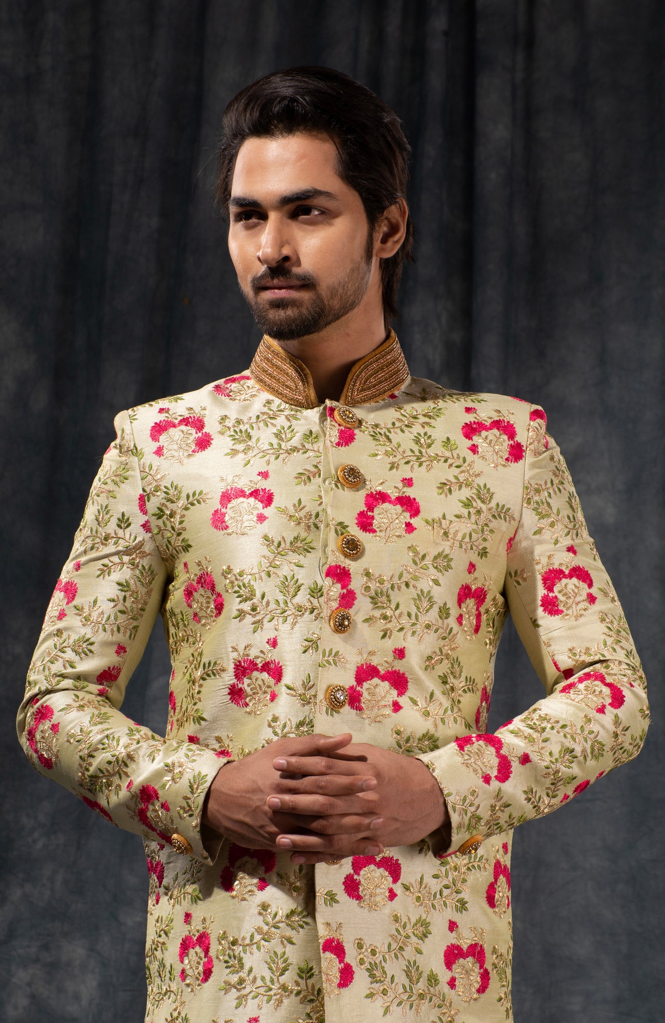 HAMSAFAR Men’s Peach Poly Dupion Printed Sherwani