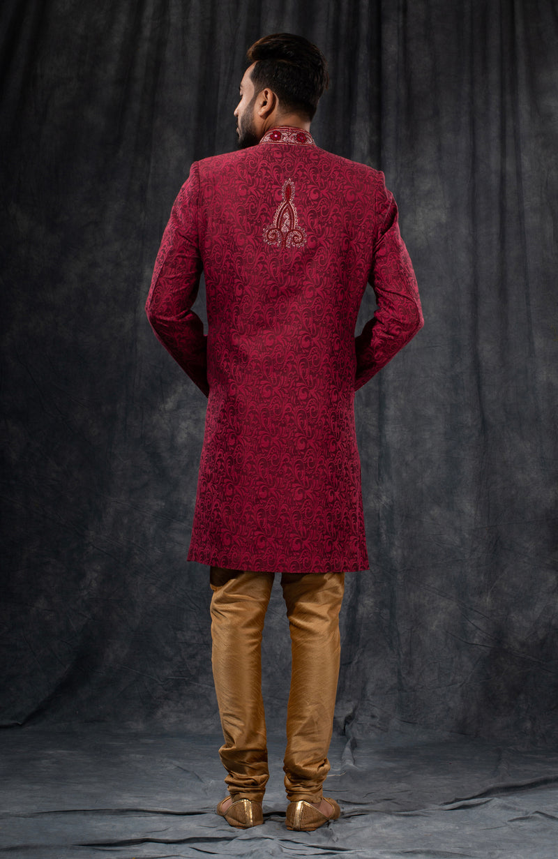 HAMSAFAR Men’s Maroon Red PS Jacquard Sherwani