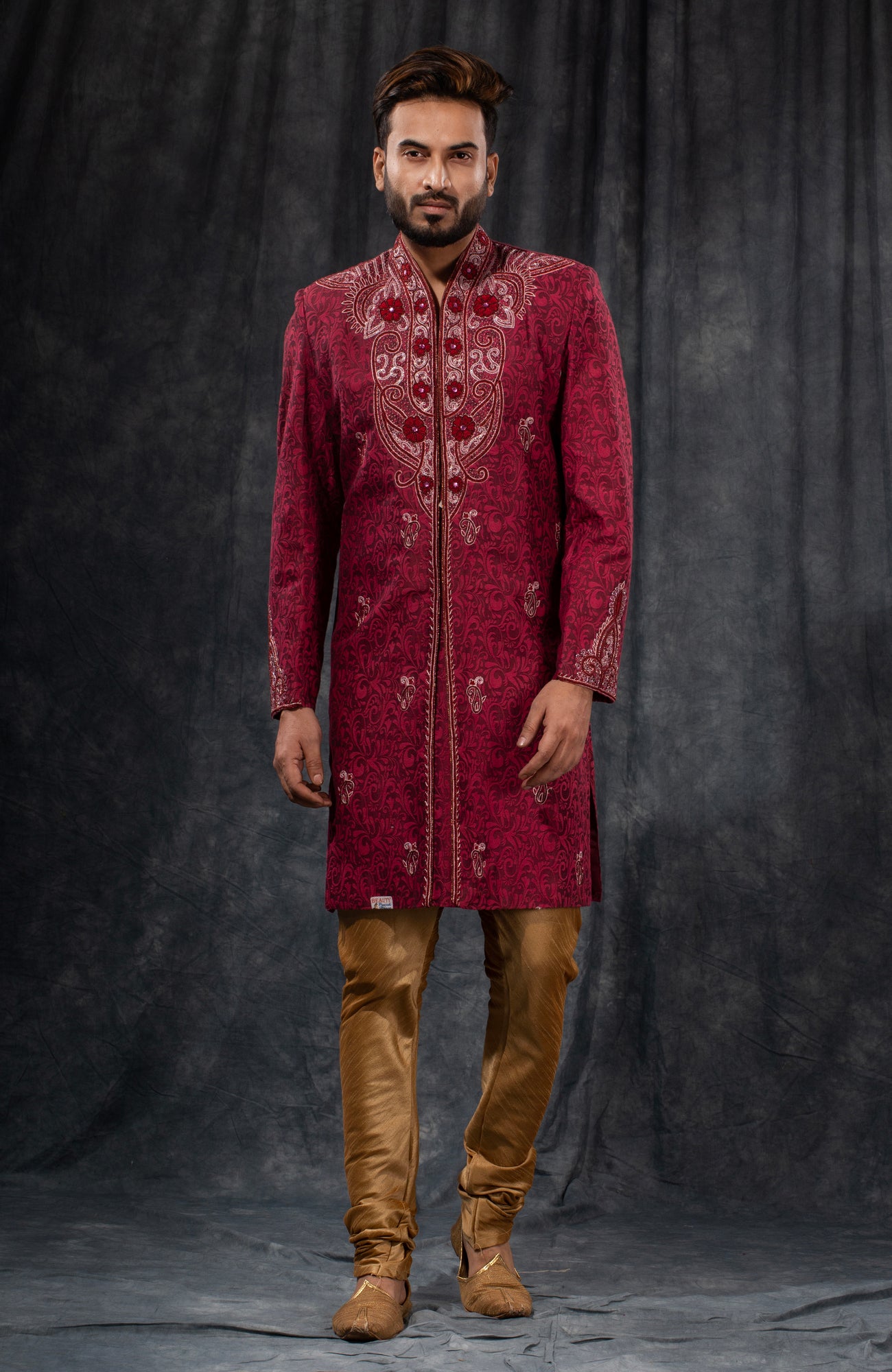 HAMSAFAR Men’s Maroon Red PS Jacquard Sherwani