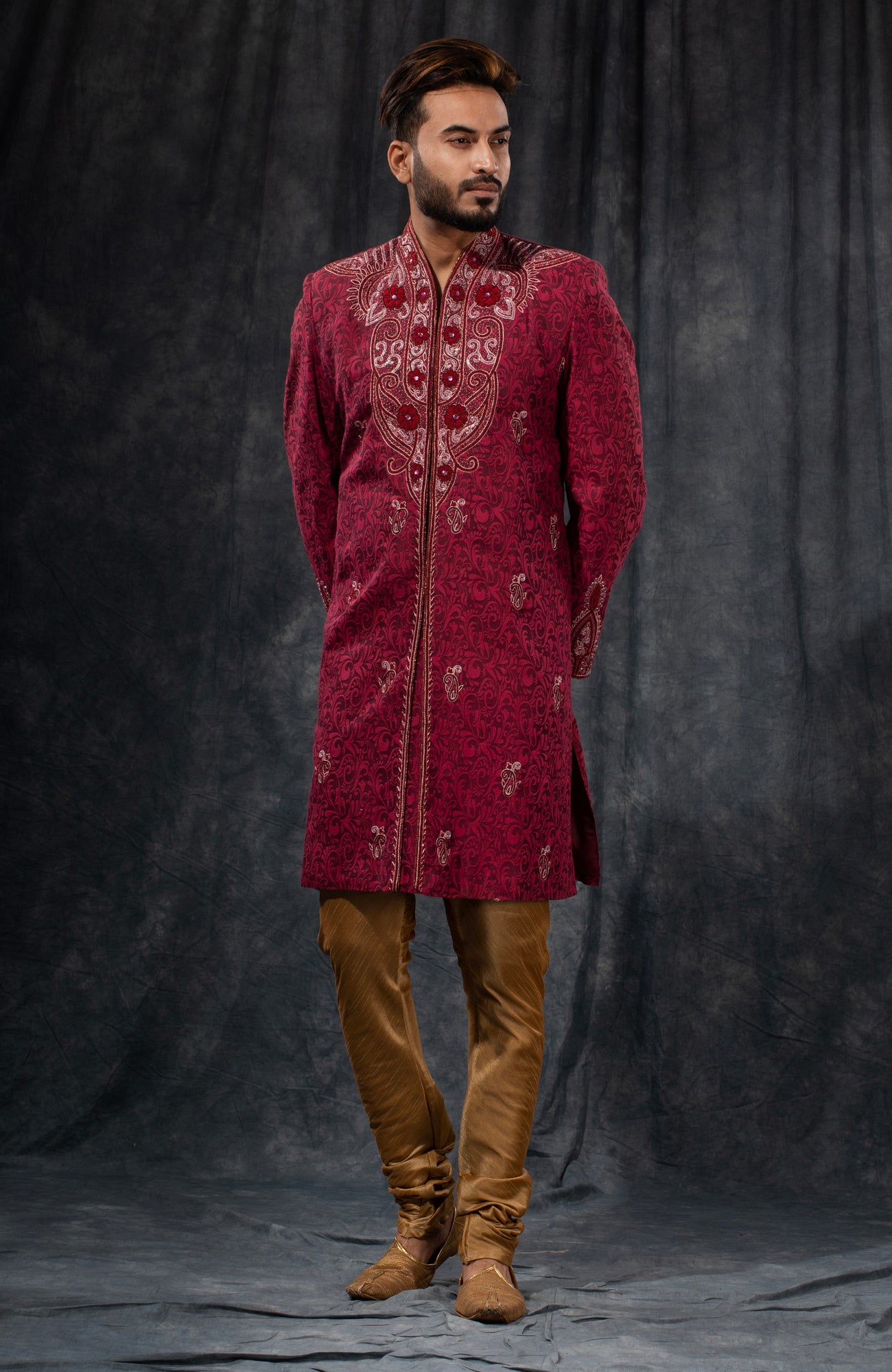 HAMSAFAR Men’s Maroon Red PS Jacquard Sherwani