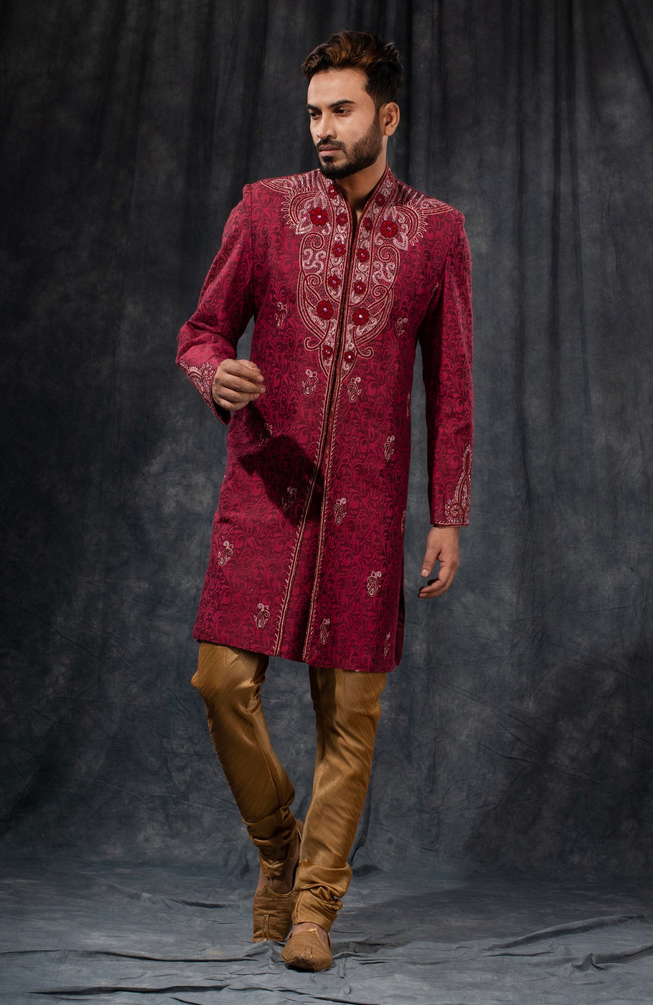 HAMSAFAR Men’s Maroon Red PS Jacquard Sherwani