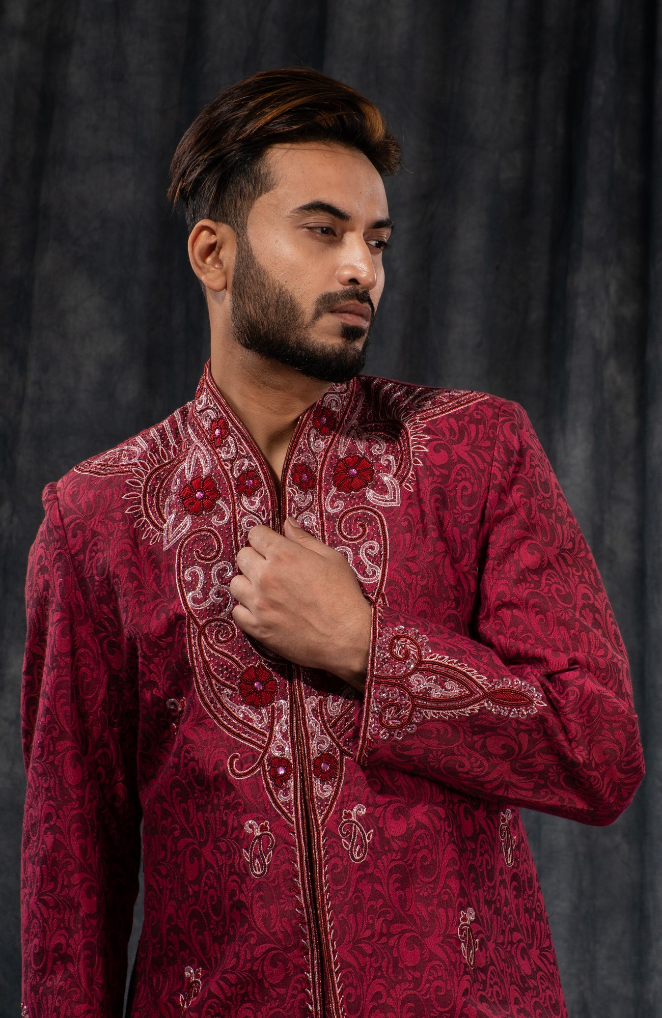 HAMSAFAR Men’s Maroon Red PS Jacquard Sherwani