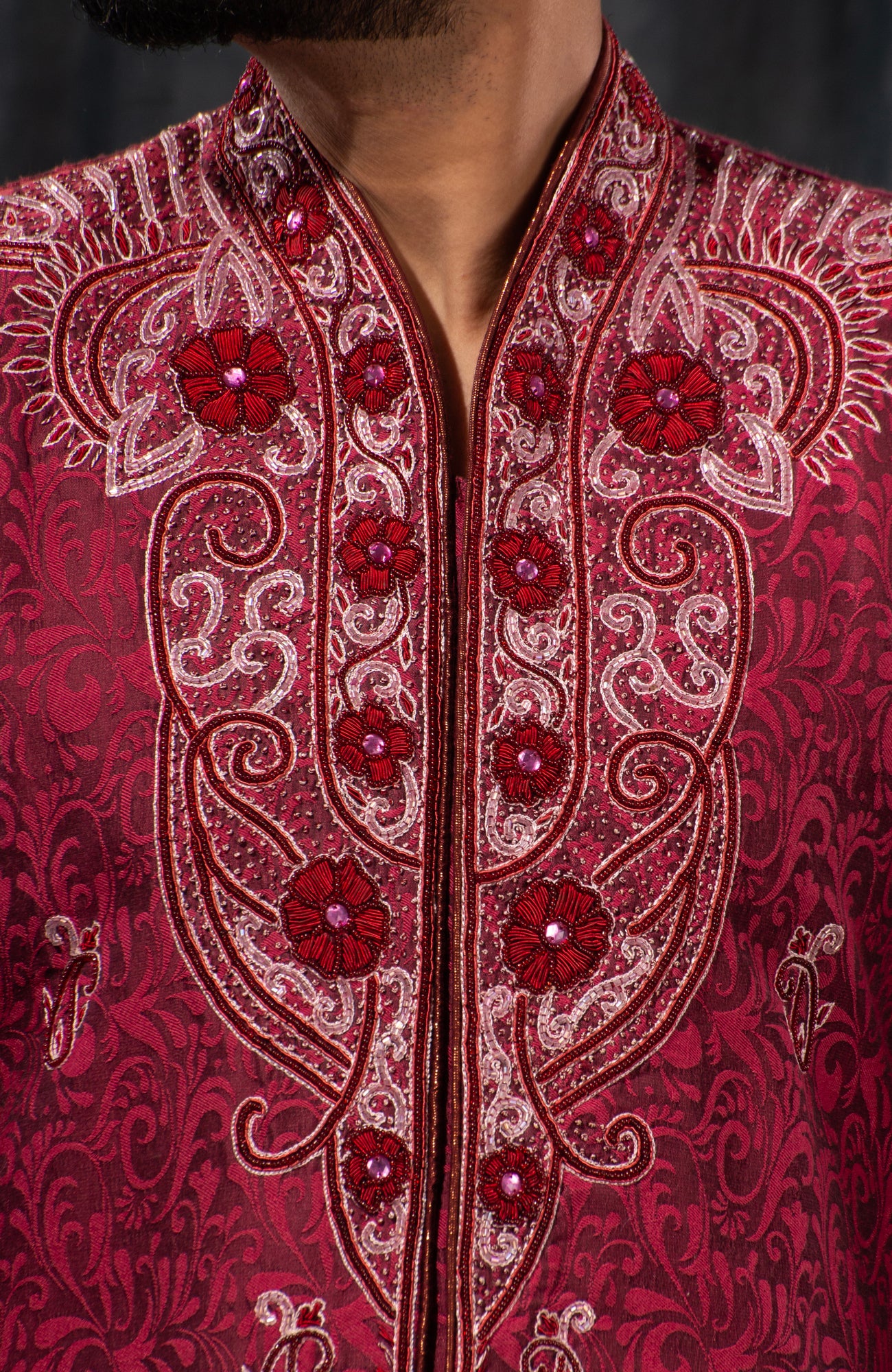 HAMSAFAR Men’s Maroon Red PS Jacquard Sherwani