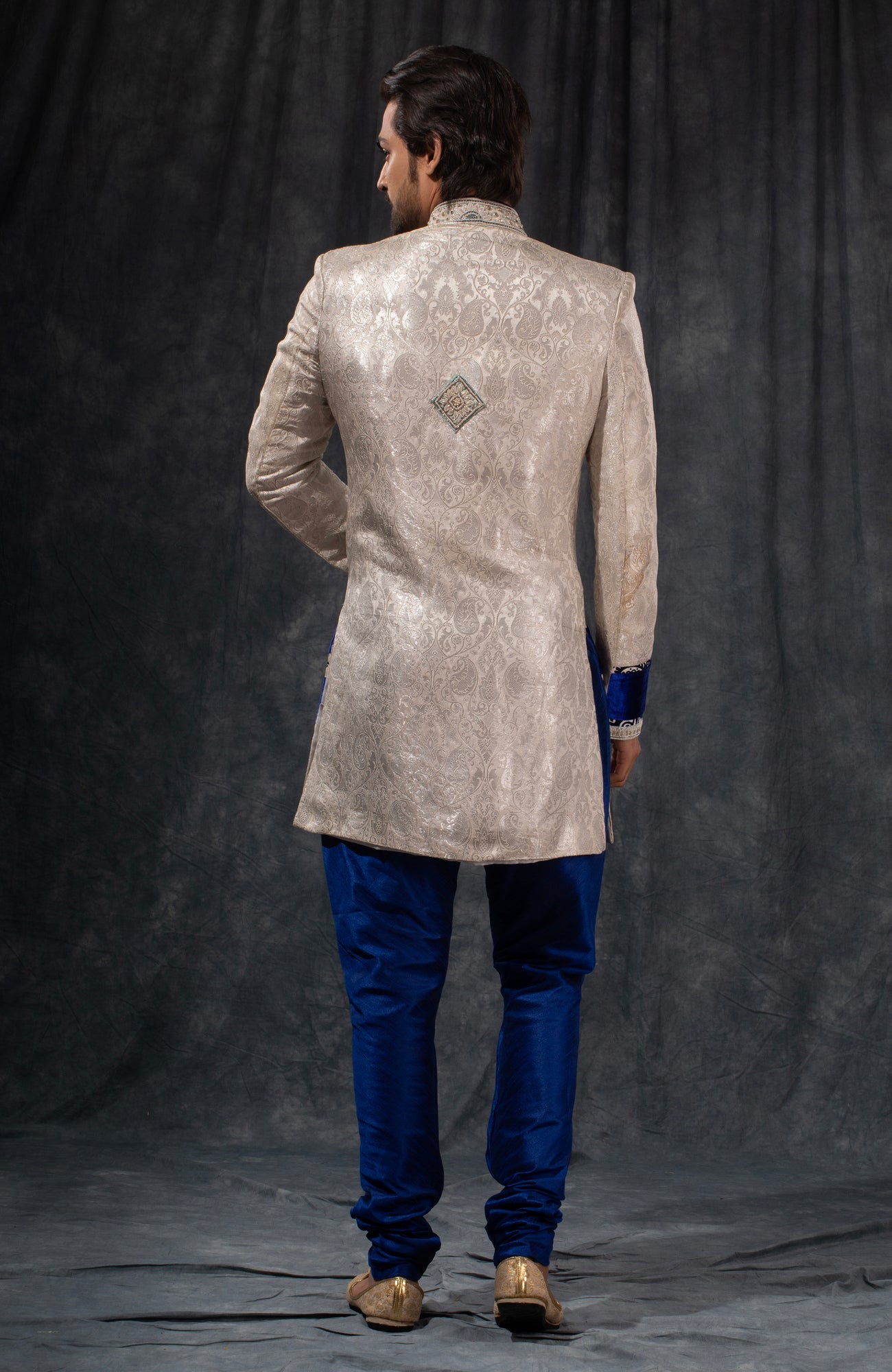 HAMSAFAR Men’s Ivory White Satin Poly-Viscose Indo-Western Sherwani