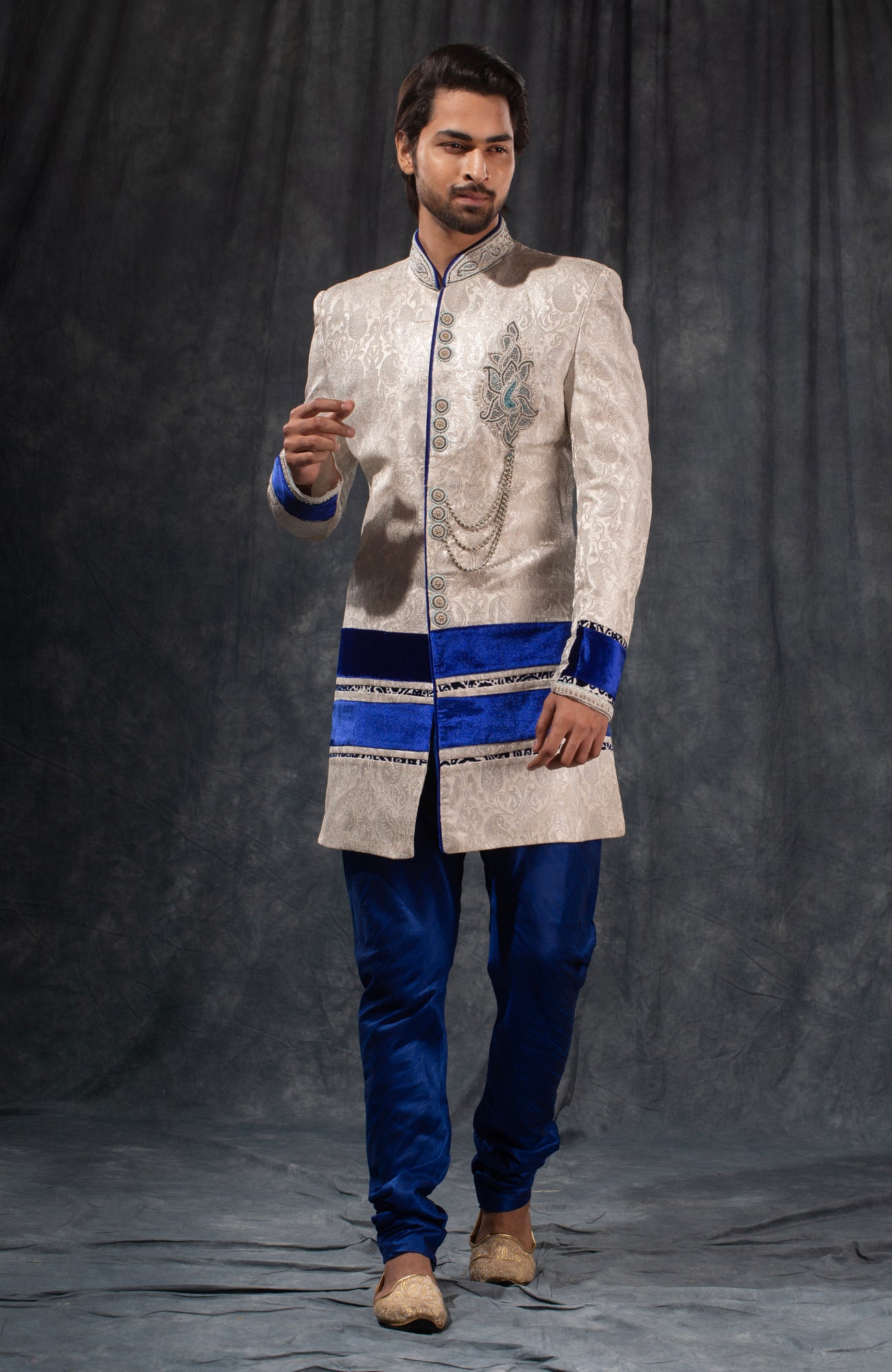 HAMSAFAR Men’s Ivory White Satin Poly-Viscose Indo-Western Sherwani