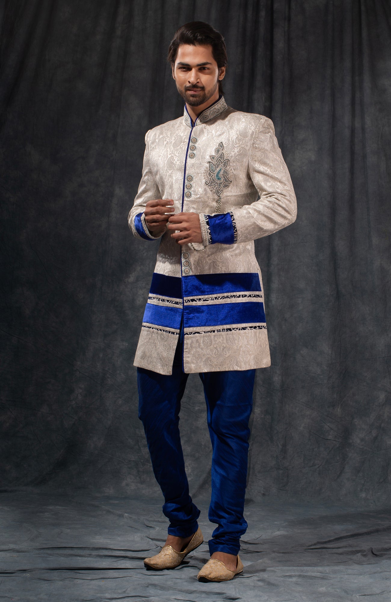 HAMSAFAR Men’s Ivory White Satin Poly-Viscose Indo-Western Sherwani