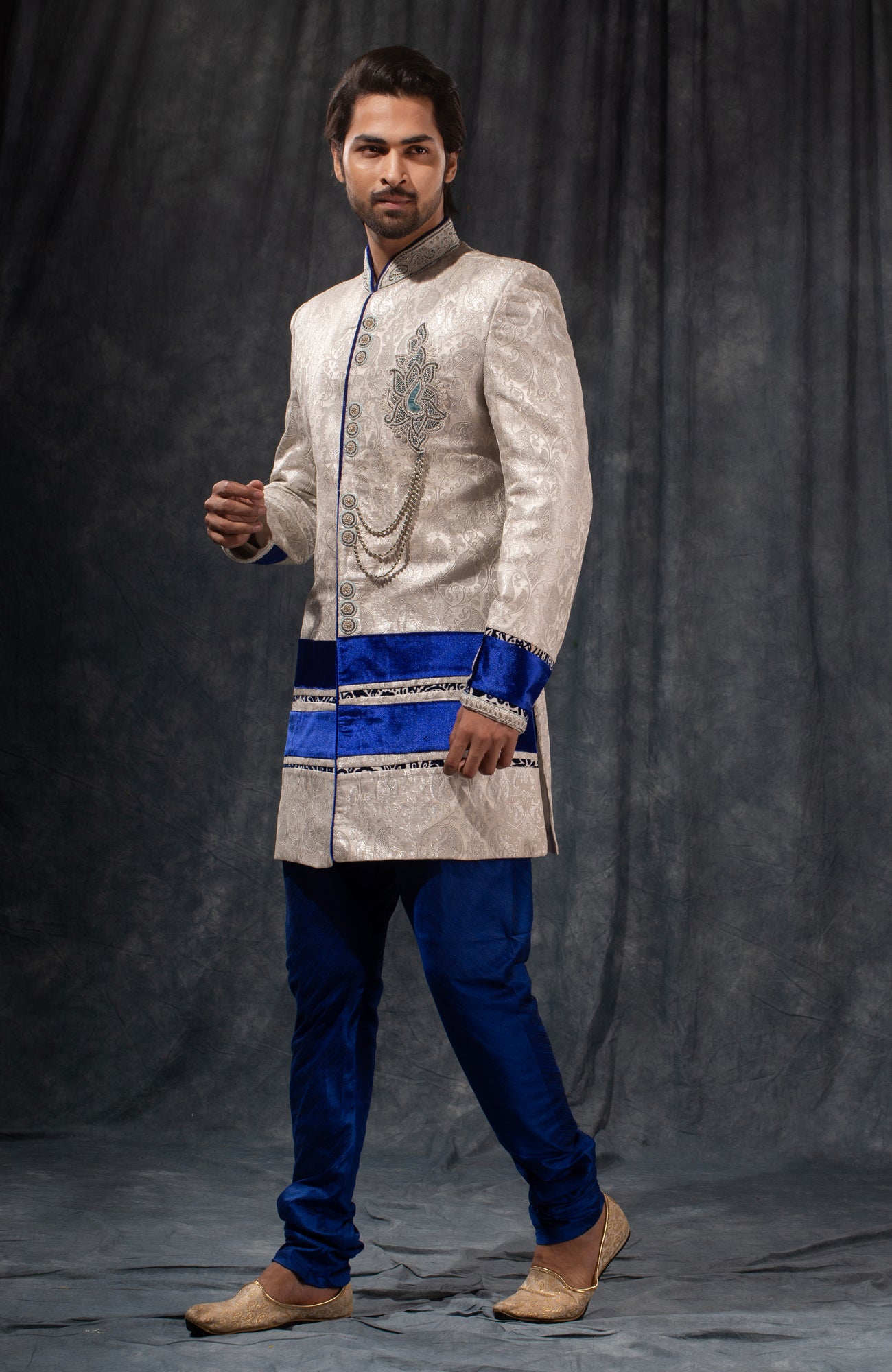 HAMSAFAR Men’s Ivory White Satin Poly-Viscose Indo-Western Sherwani