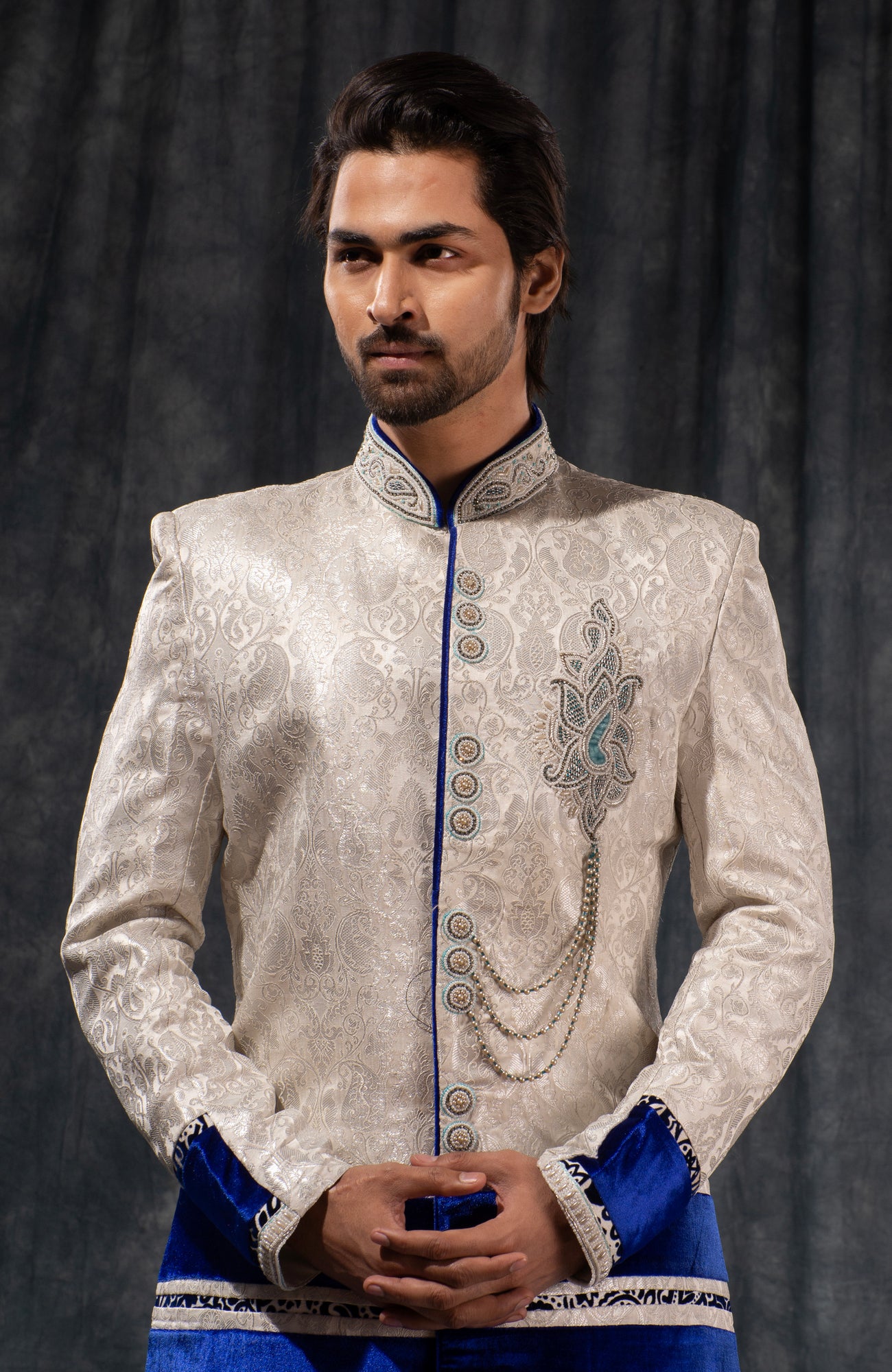 HAMSAFAR Men’s Ivory White Satin Poly-Viscose Indo-Western Sherwani