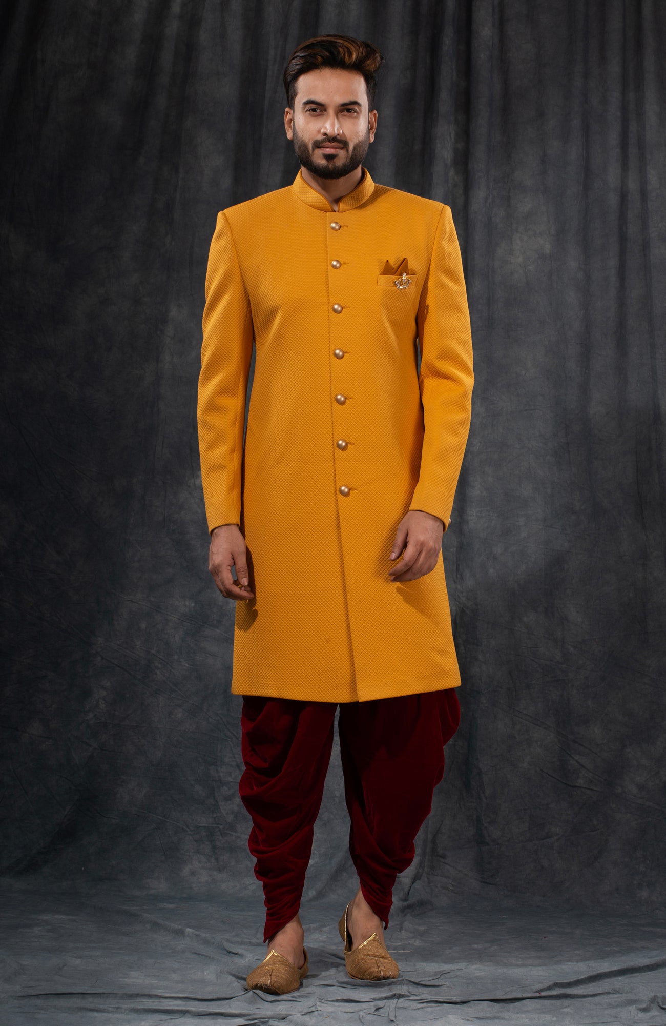 HAMSAFAR Men’s Dark Yellow Poly Viscose Blend Indo Western Sherwani