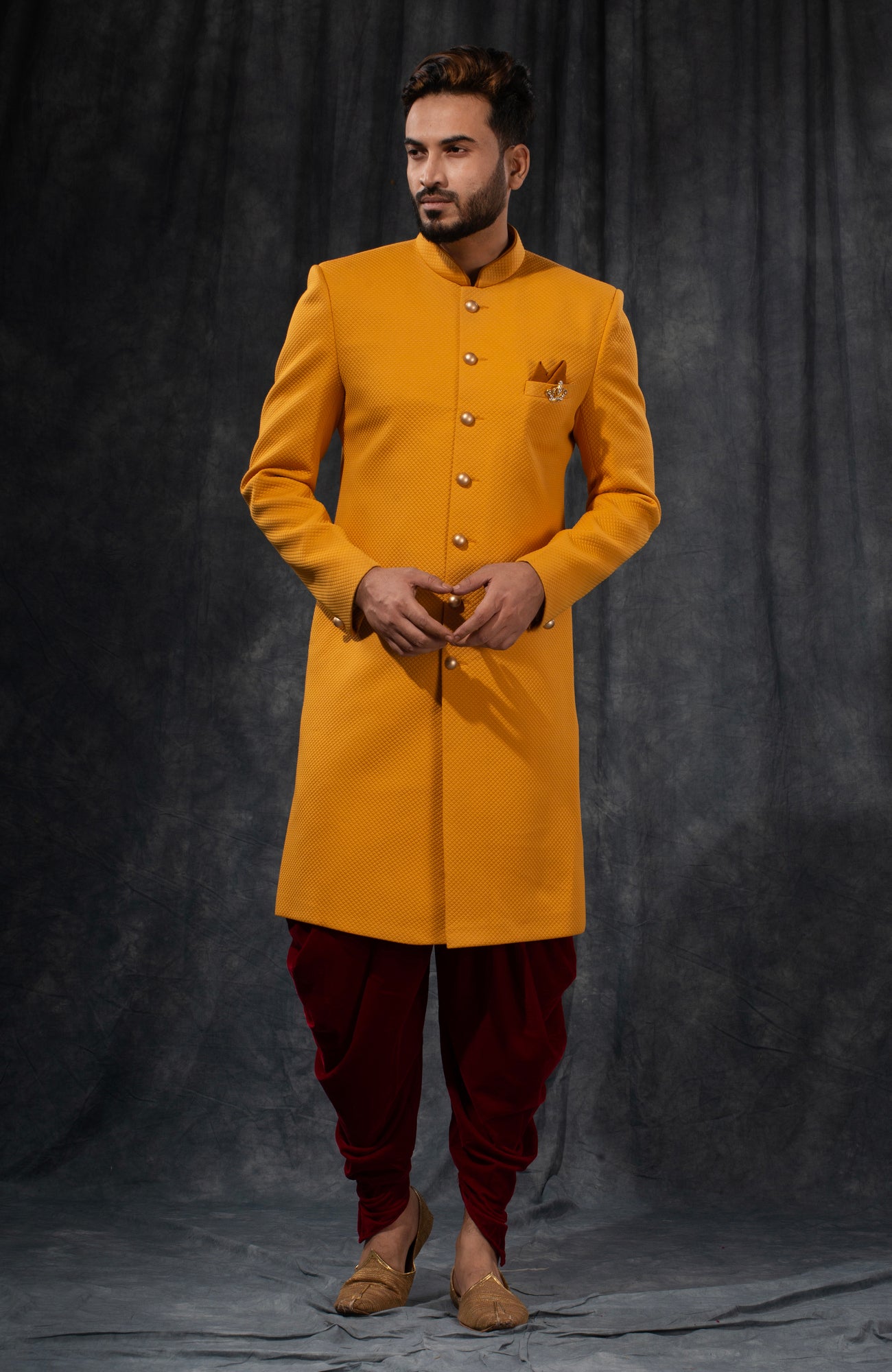 HAMSAFAR Men’s Dark Yellow Poly Viscose Blend Indo Western Sherwani