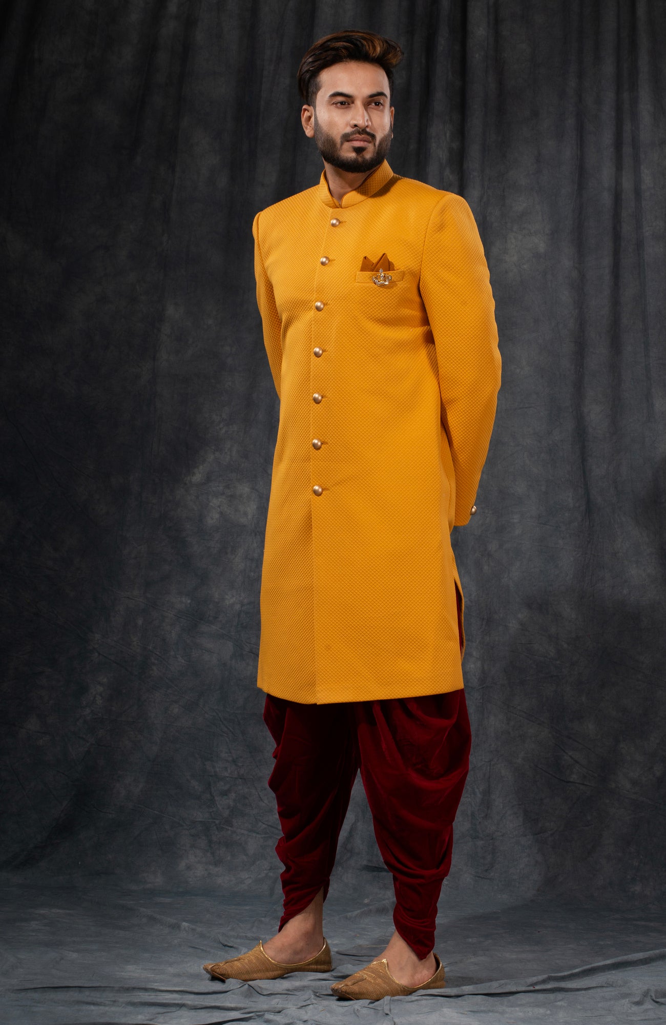 HAMSAFAR Men’s Dark Yellow Poly Viscose Blend Indo Western Sherwani