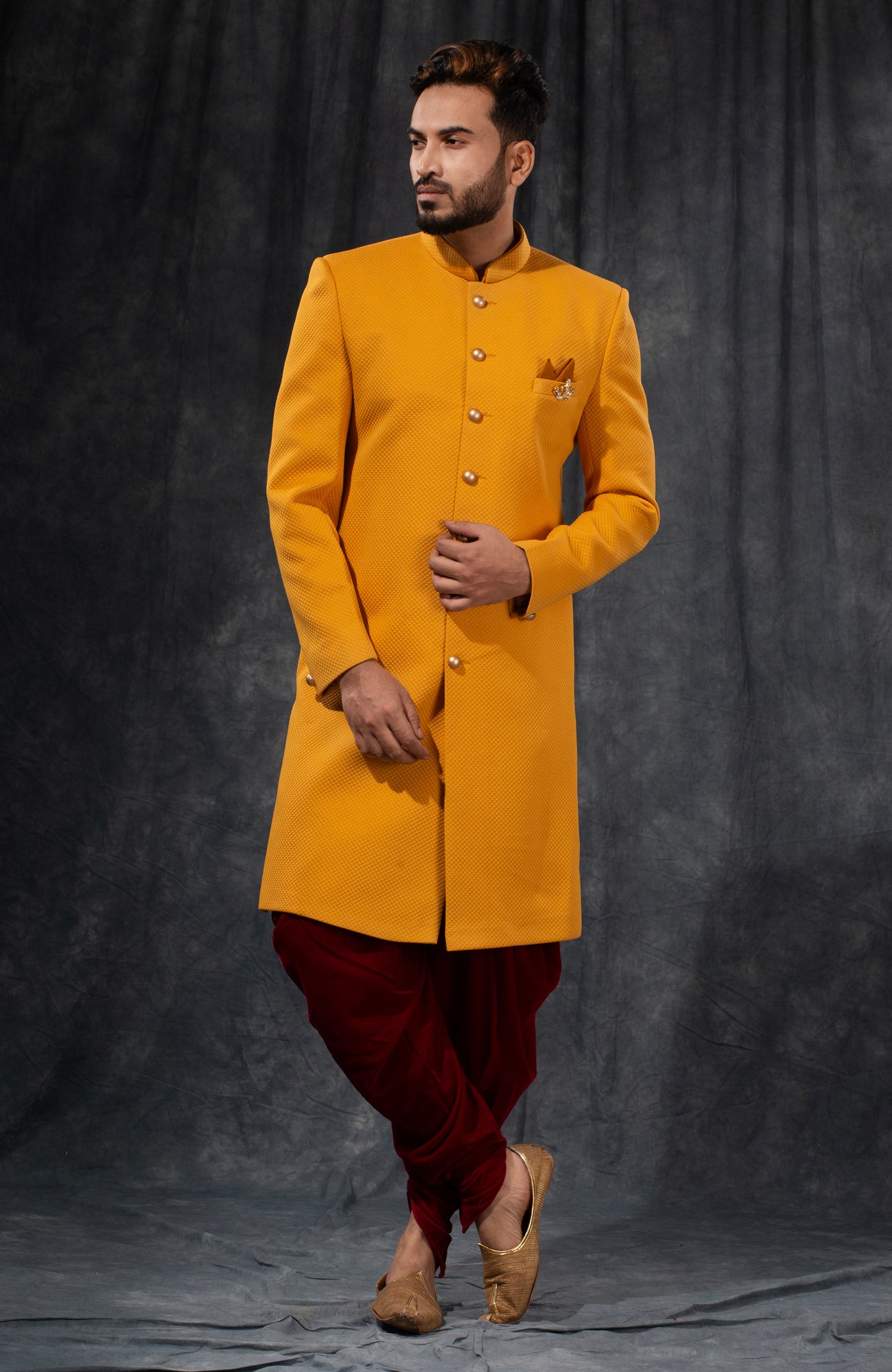 HAMSAFAR Men’s Dark Yellow Poly Viscose Blend Indo Western Sherwani