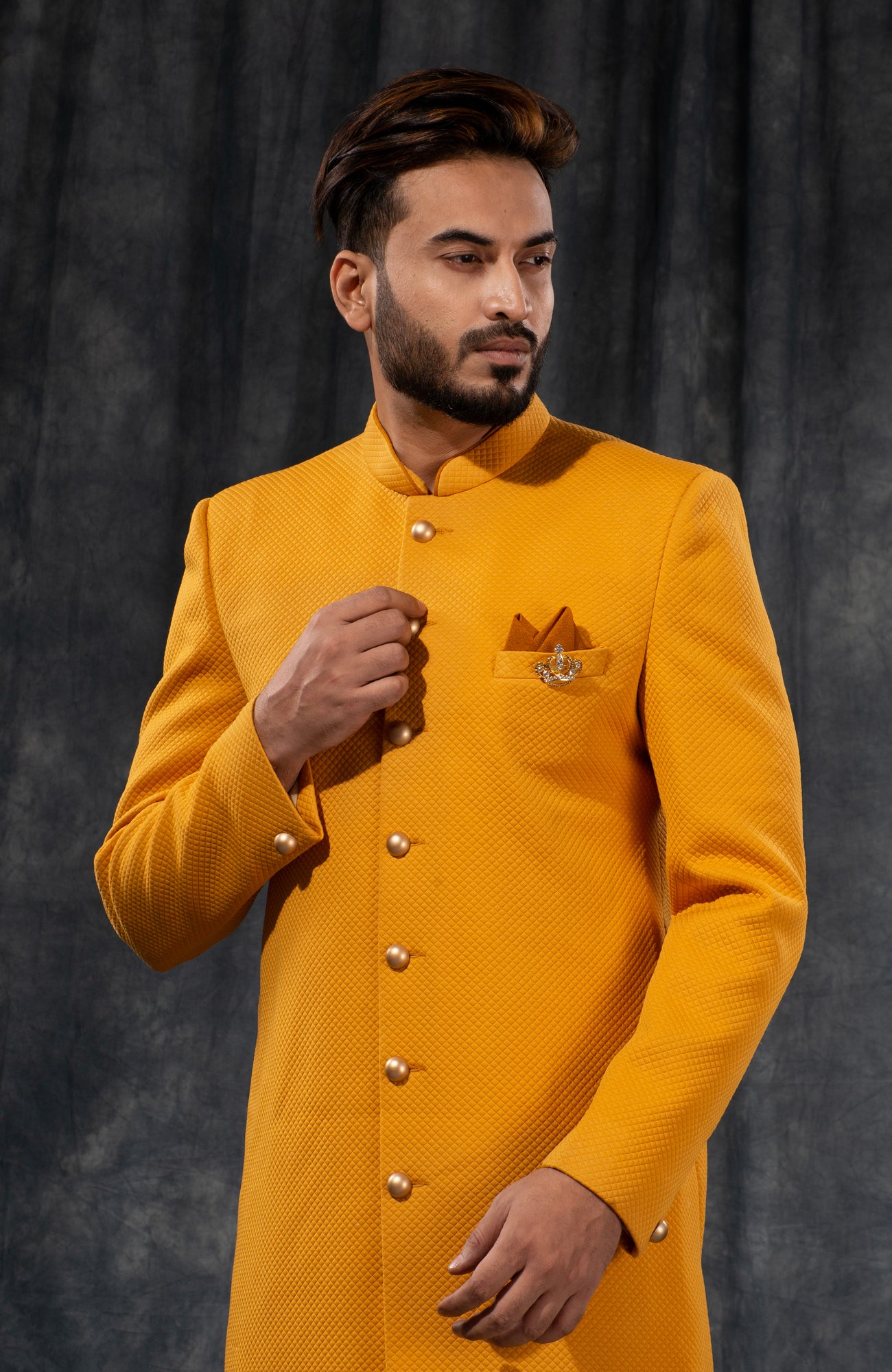 HAMSAFAR Men’s Dark Yellow Poly Viscose Blend Indo Western Sherwani