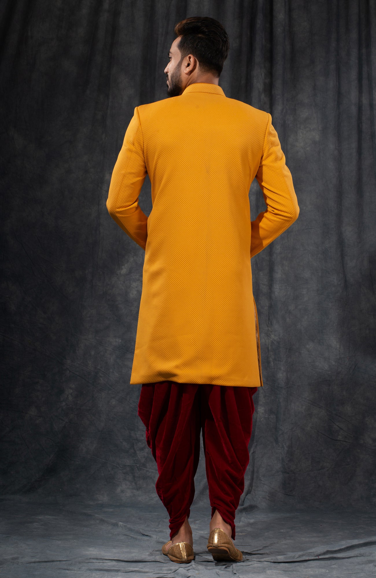 HAMSAFAR Men’s Dark Yellow Poly Viscose Blend Indo Western Sherwani