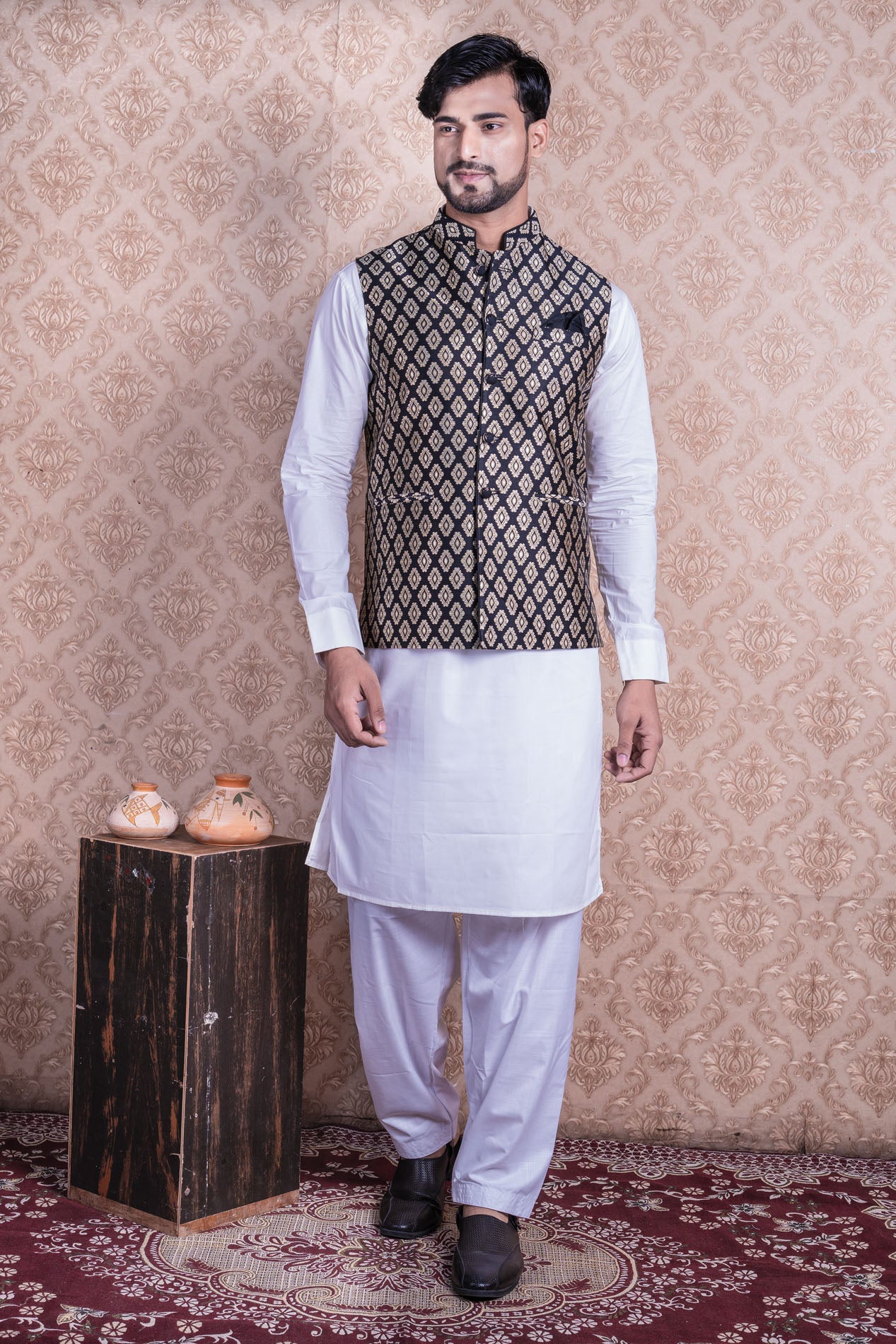 HAMSAFAR Men’s Black Poly Viscose Print Nehru Jacket